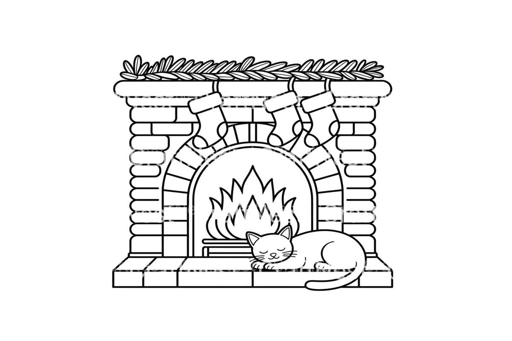 Christmas Fireplace Cat Coloring Books