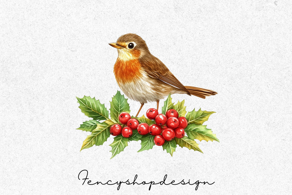 Festive Robin Bird and Holly Berry Clipart Bundle