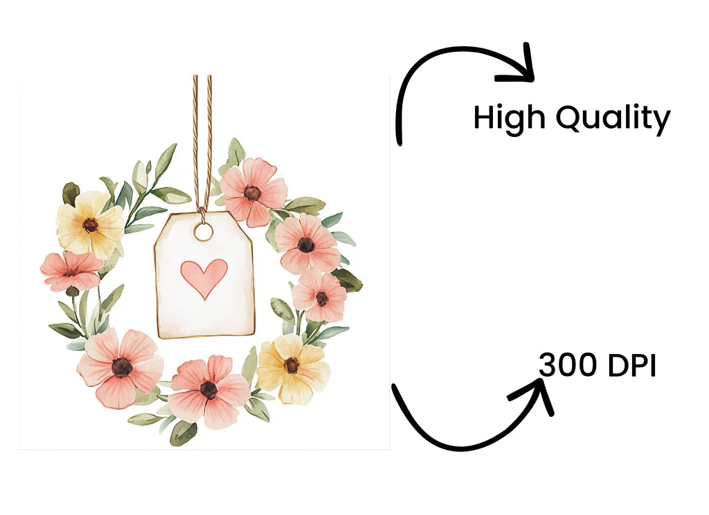 Floral Wreath Heart Tag Clipart Bundle
