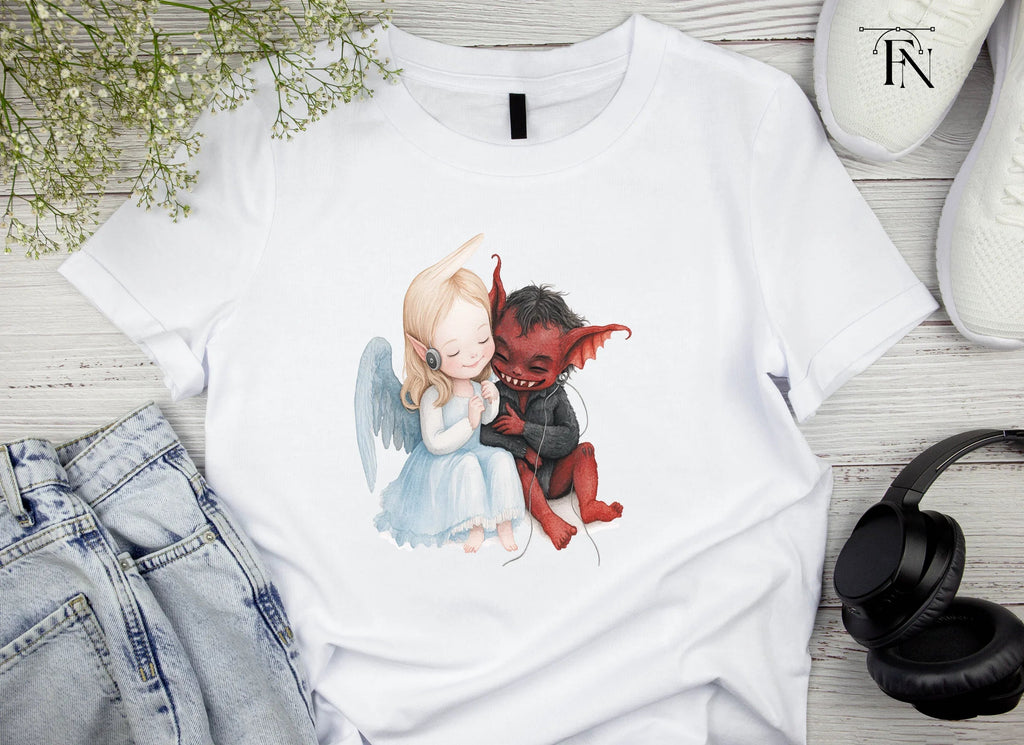 Cute Angel and Devil Listening to Music Clipart Bundle