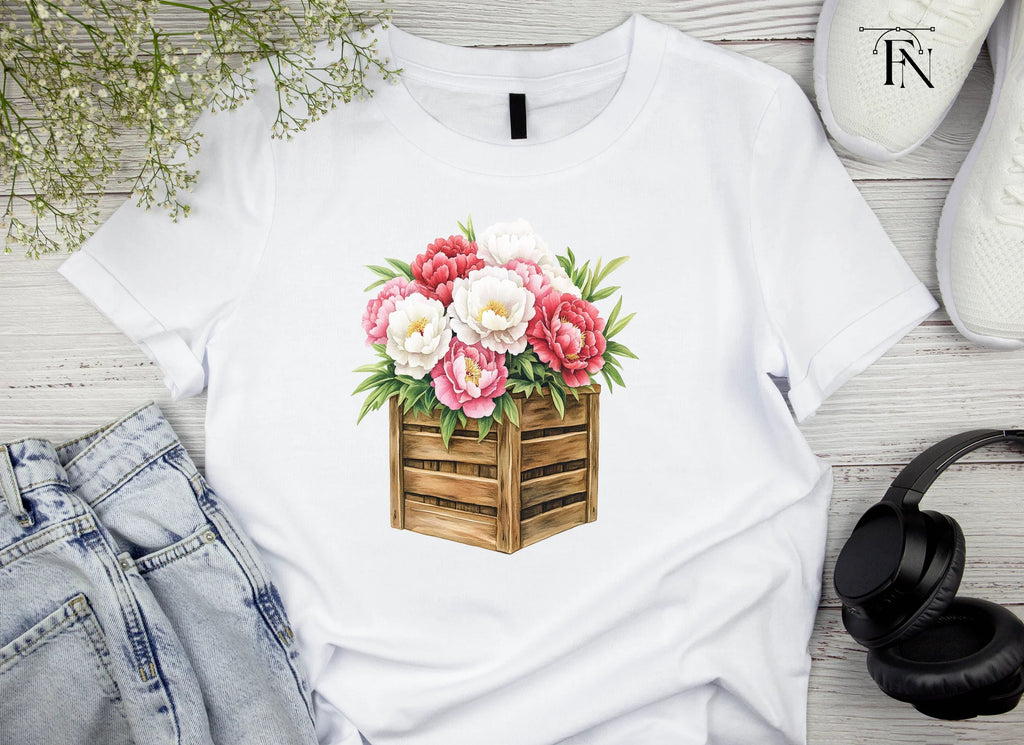 Peony Bouquets in Rustic Wooden Crates Clipart Bundle
