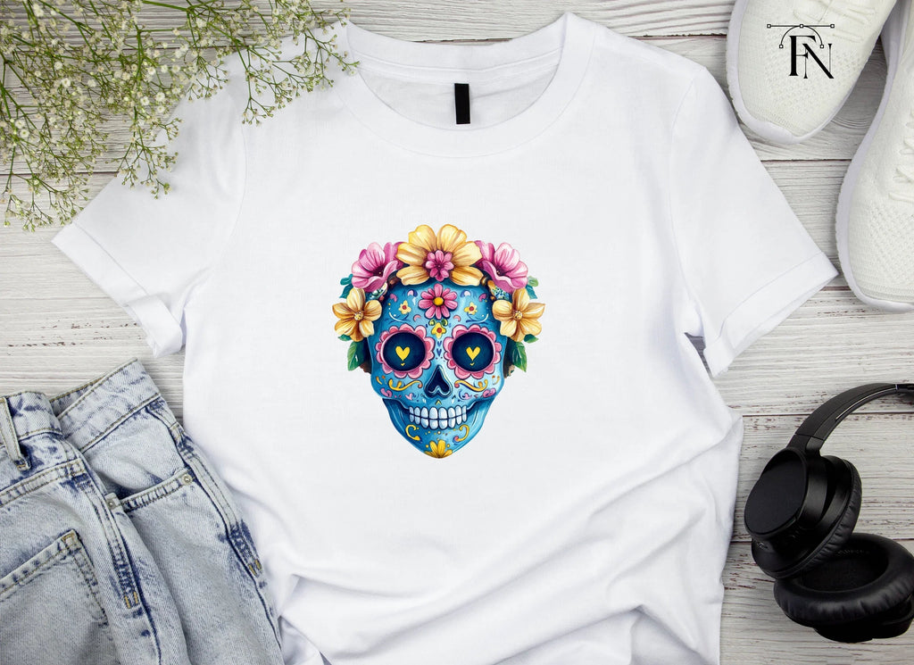 Blue Sugar Skulls with Flowers Clipart Bundle