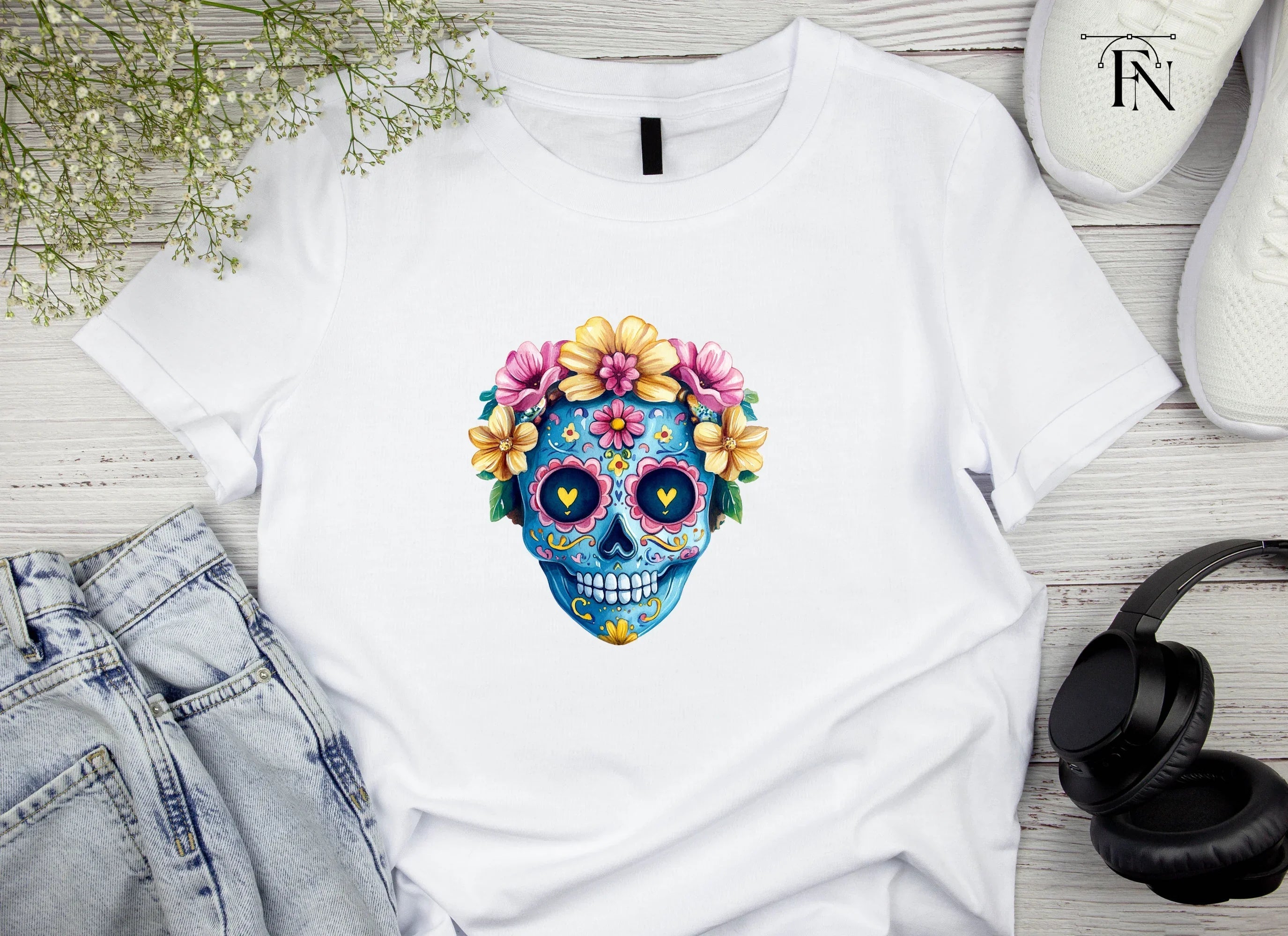 Blue Sugar Skulls with Flowers Clipart Bundle