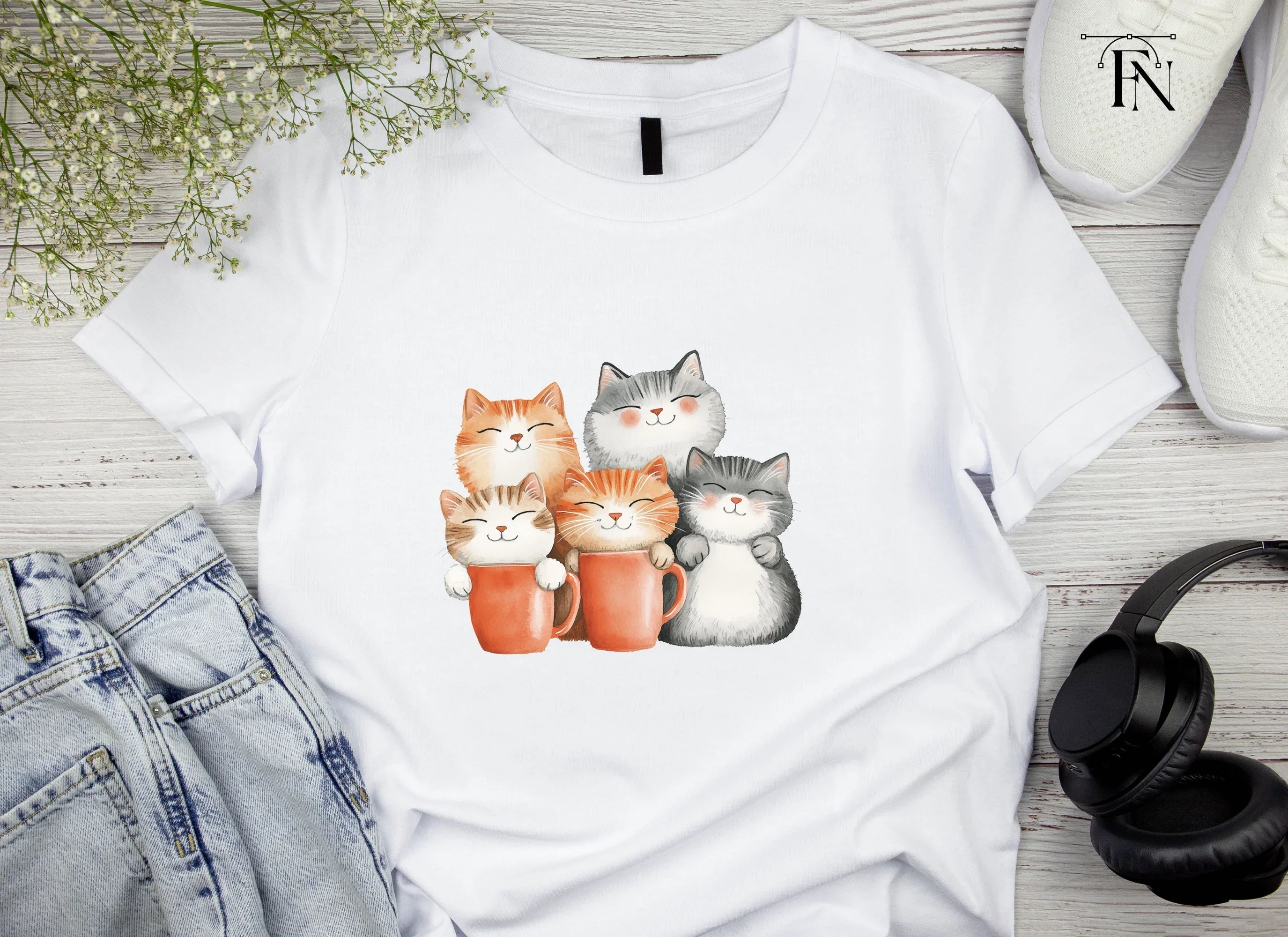 Happy Cats in Mugs Clipart Bundle