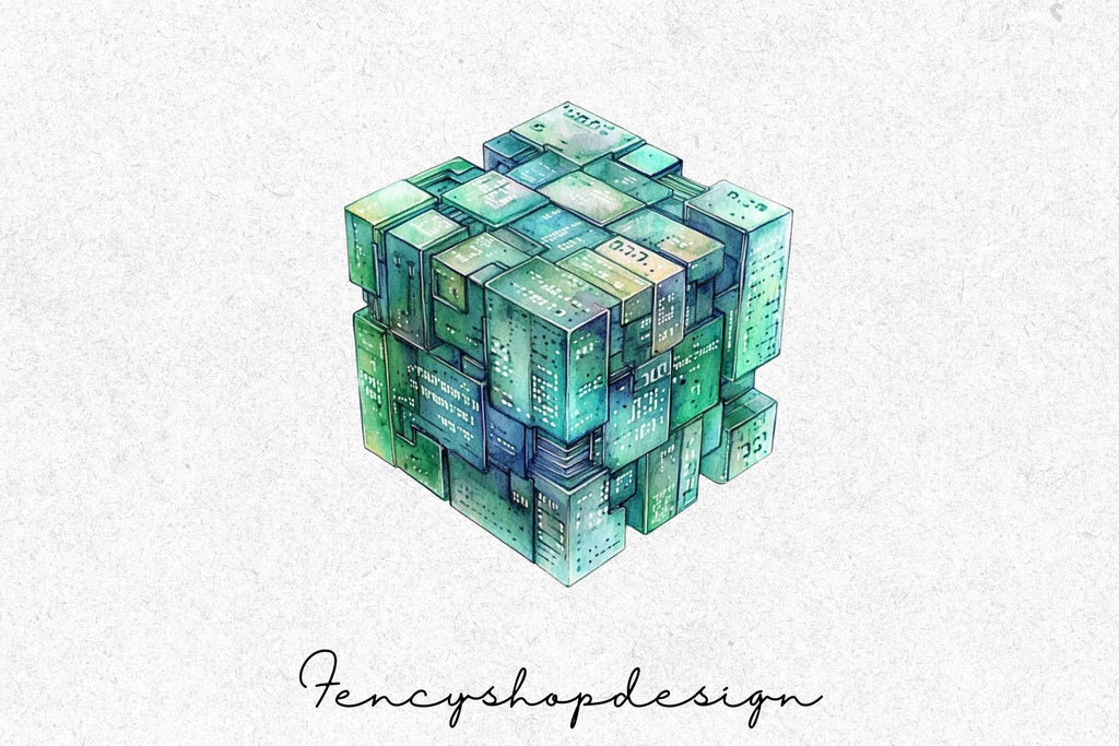 Abstract Blue Green Geometric Cubes Clipart Bundle