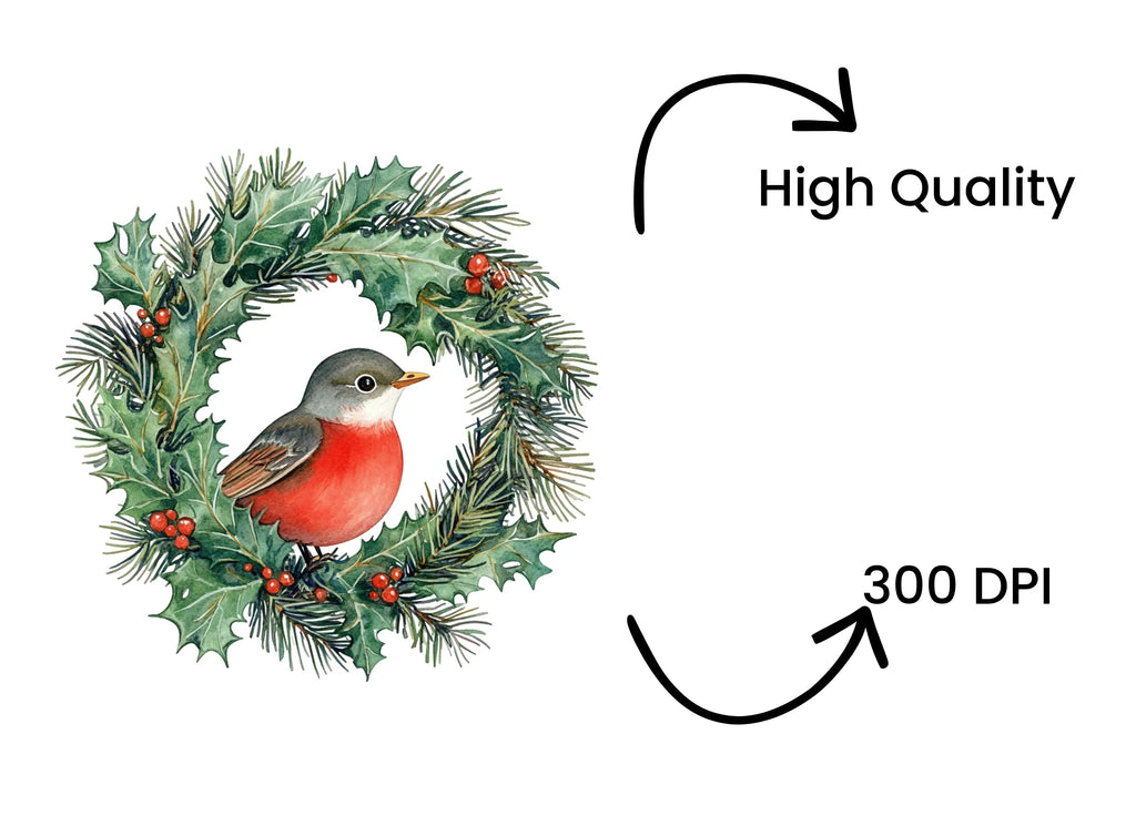 Festive Holly Wreath with Robin Clipart Bundle