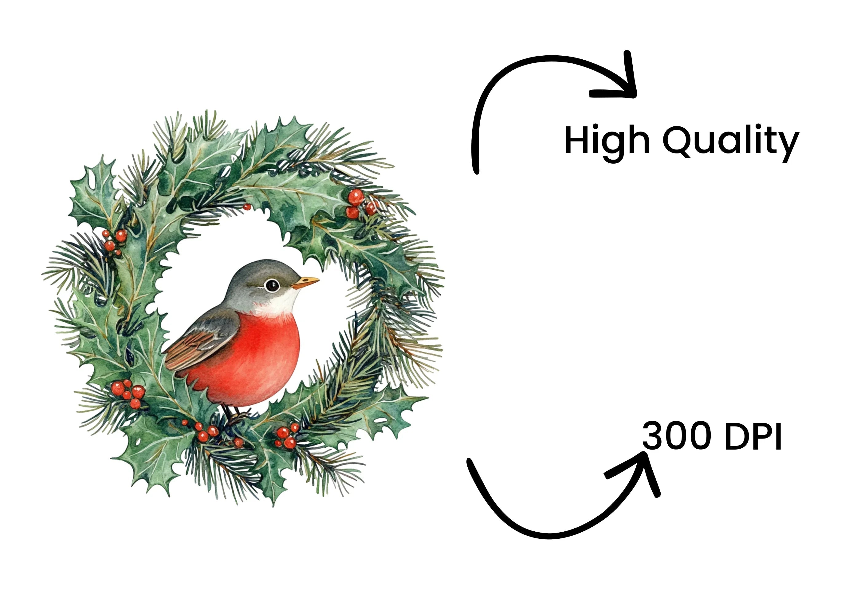 Festive Holly Wreath with Robin Clipart Bundle