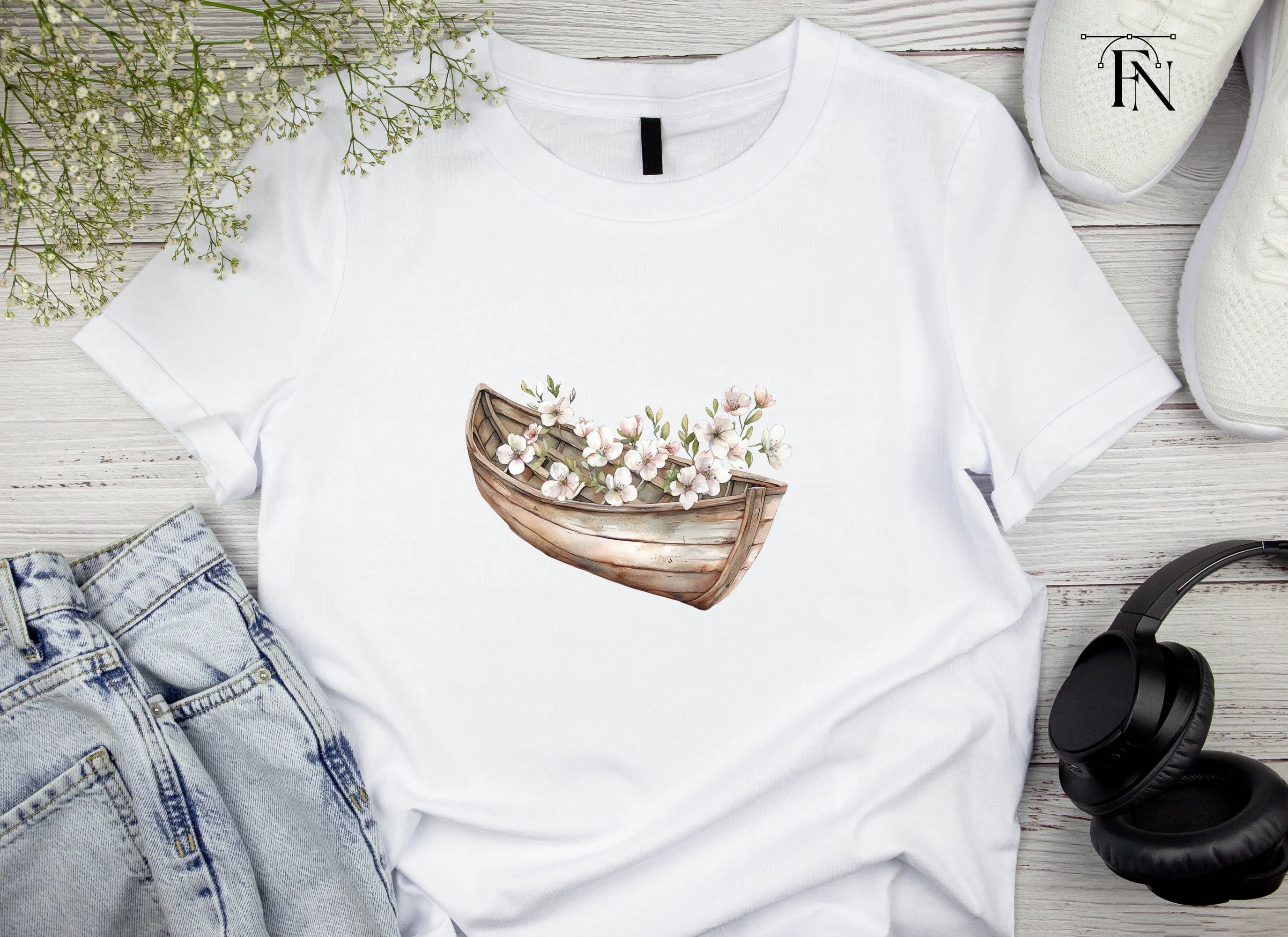 Small Wooden Boat with Pink Flowers Clipart Bundle