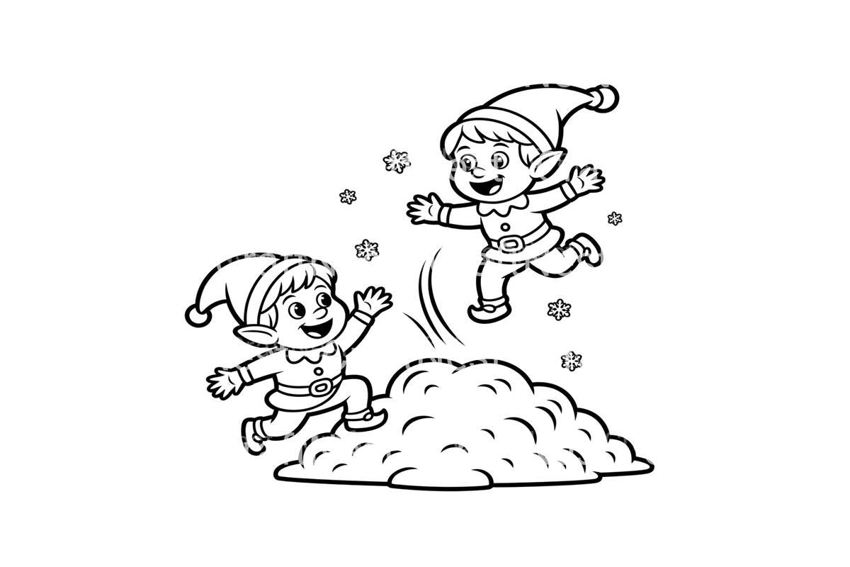 Playful Elves Jumping in Snow Coloring Books