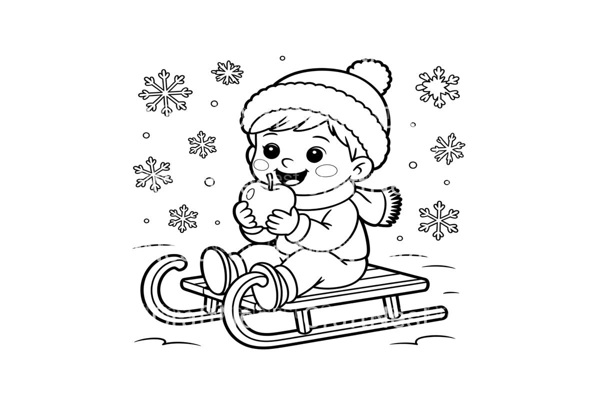 Kids Sledding in Winter Coloring Books