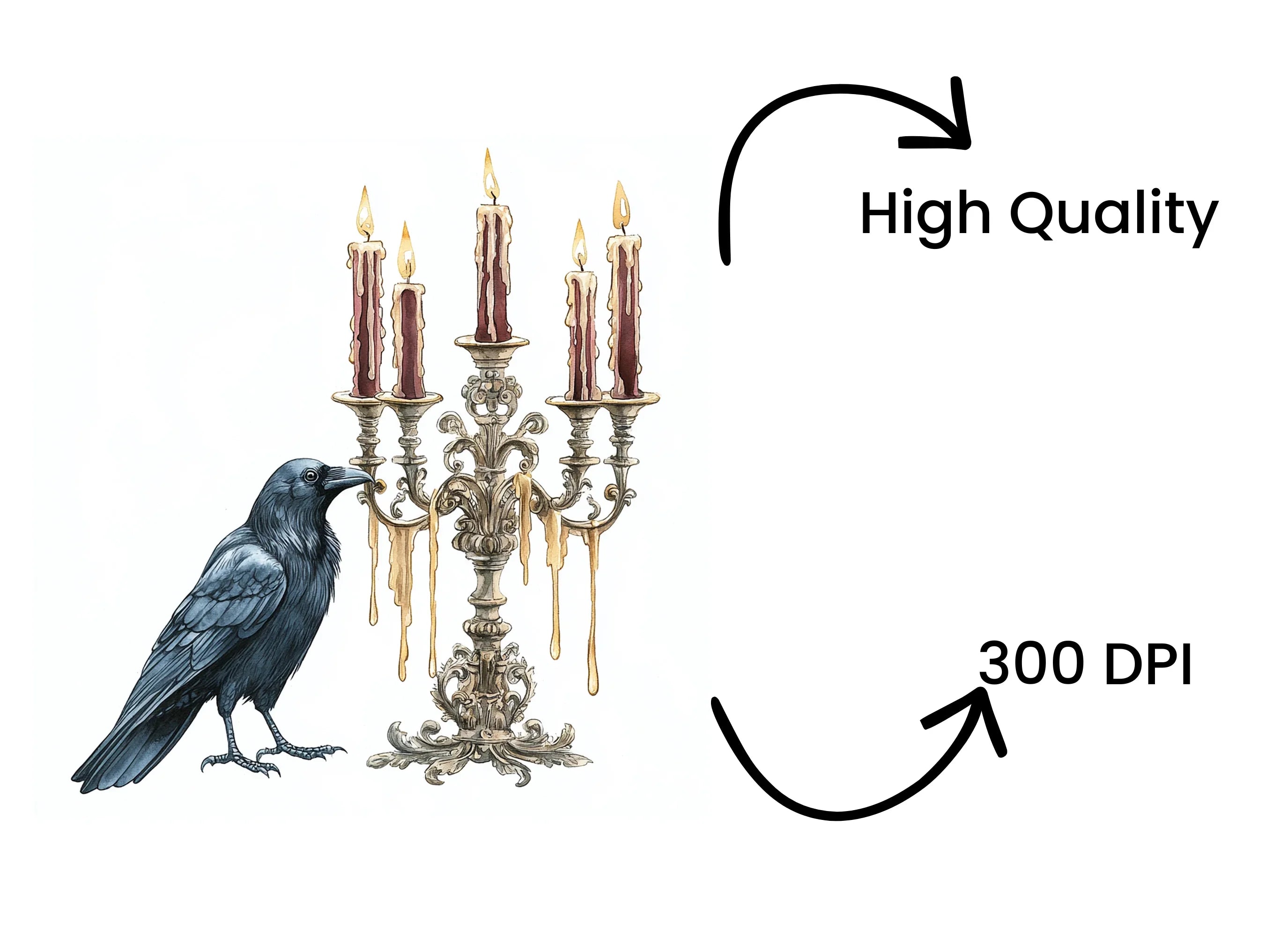Gothic Raven Candelabra Clipart Bundle