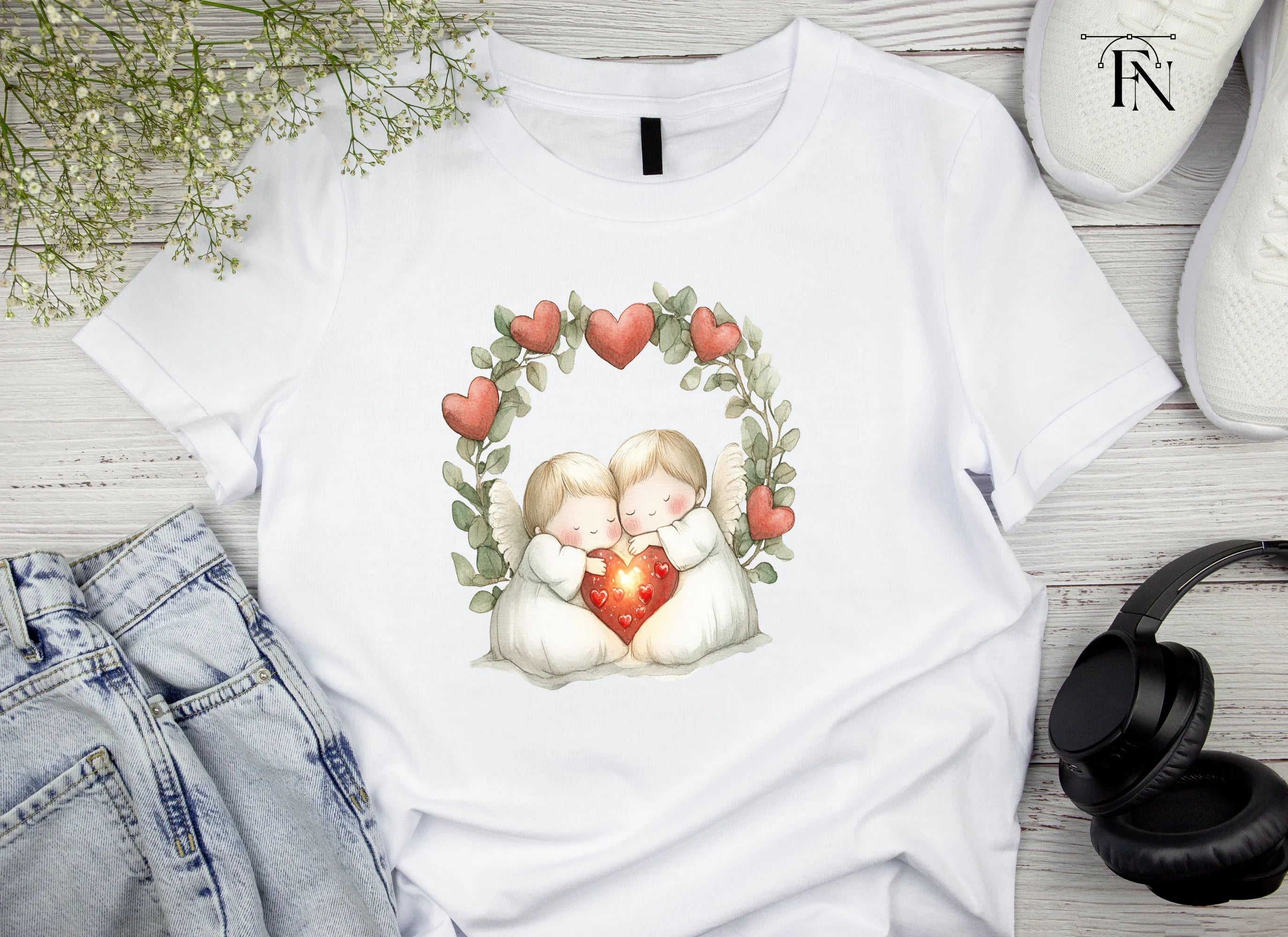 Cute Angel Couple with Heart Wreath Clipart Bundle