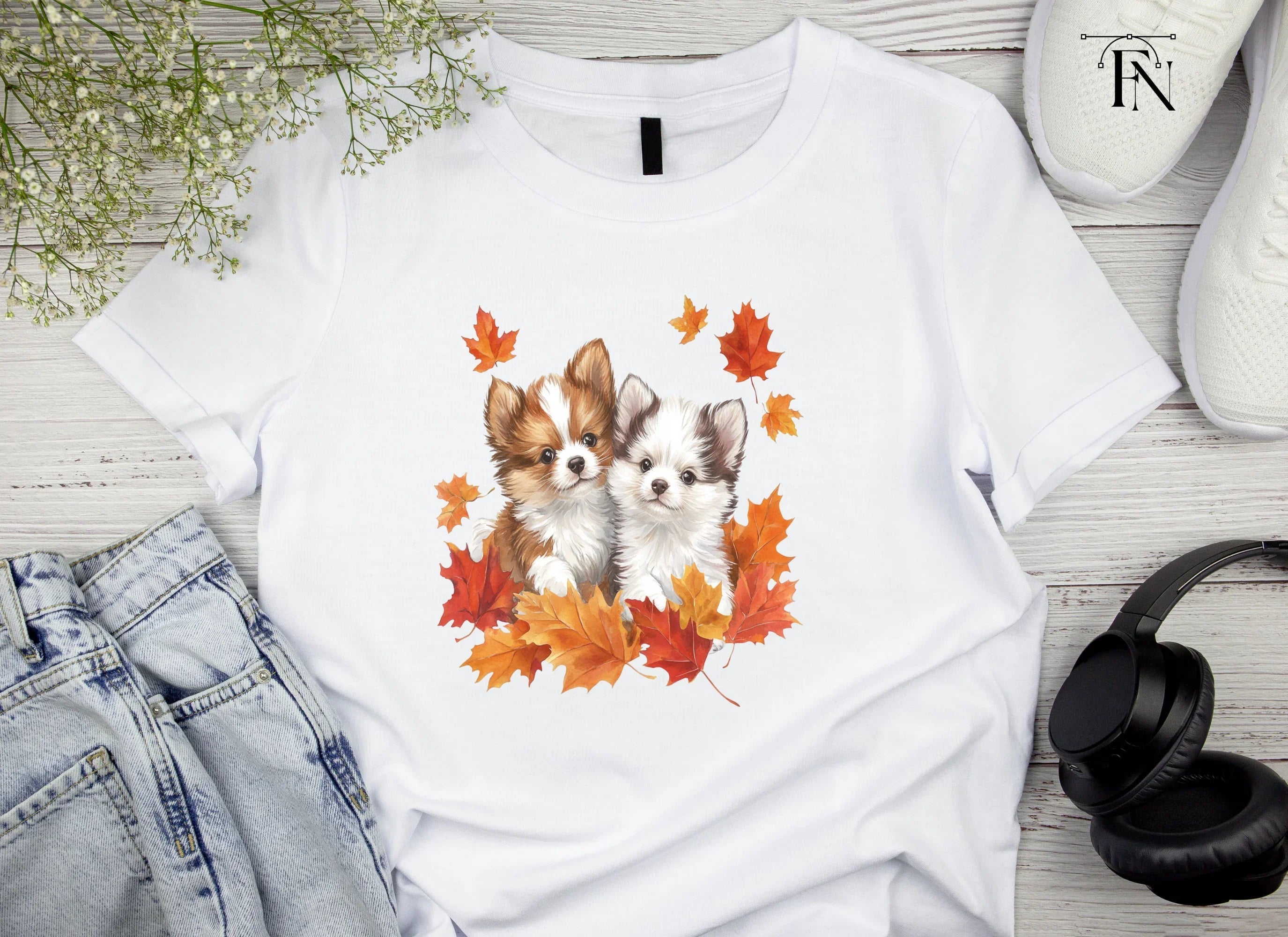 Autumn Puppies with Fall Leaves Clipart Bundle