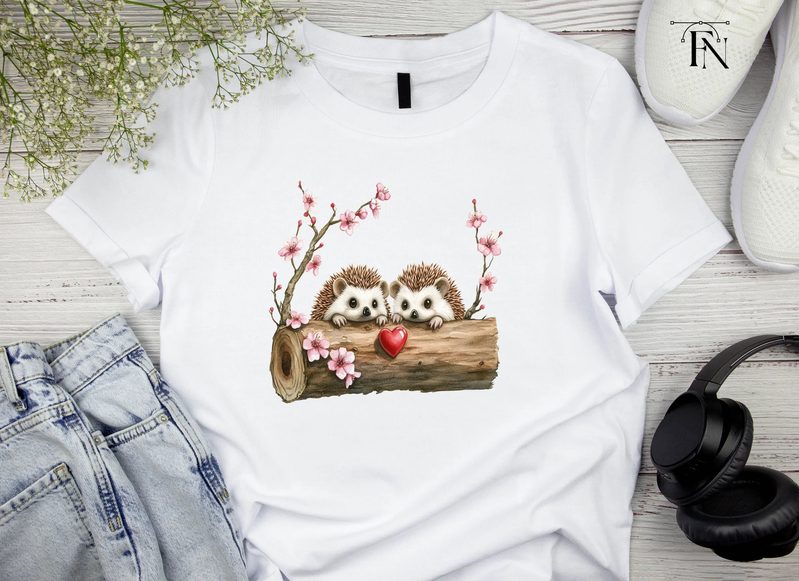 Hedgehogs in Log with Cherry Blossoms Clipart Bundle