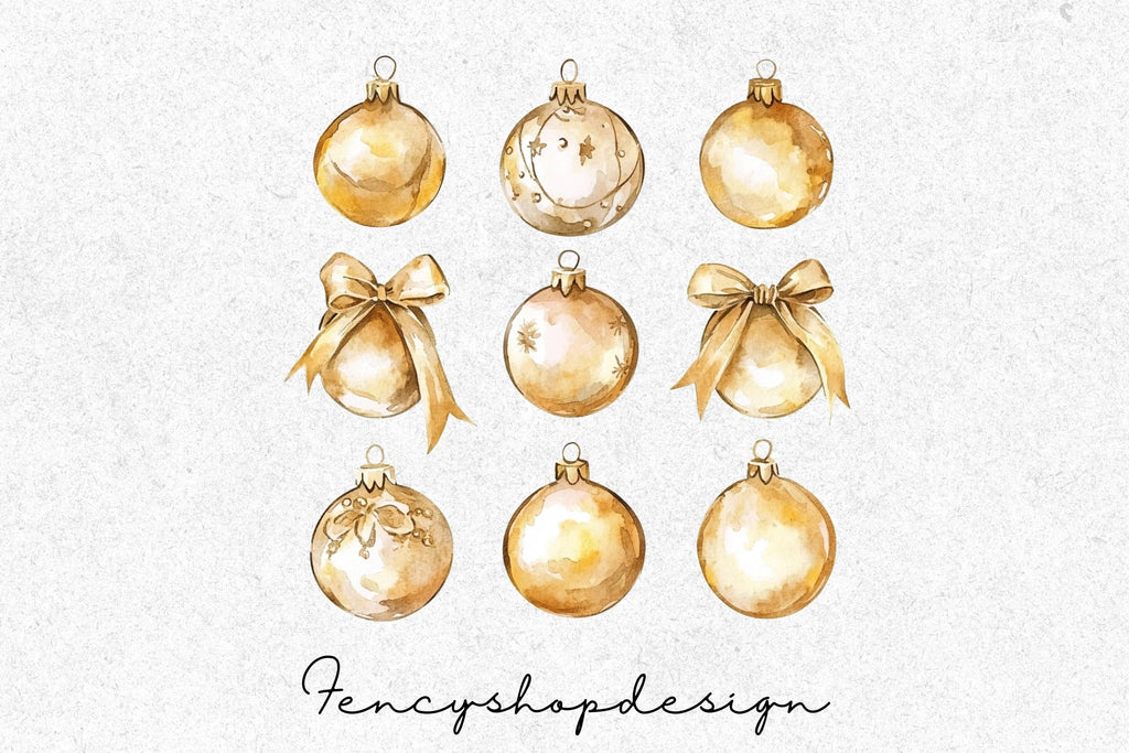 Golden Christmas Ornaments Holly Clipart Bundle