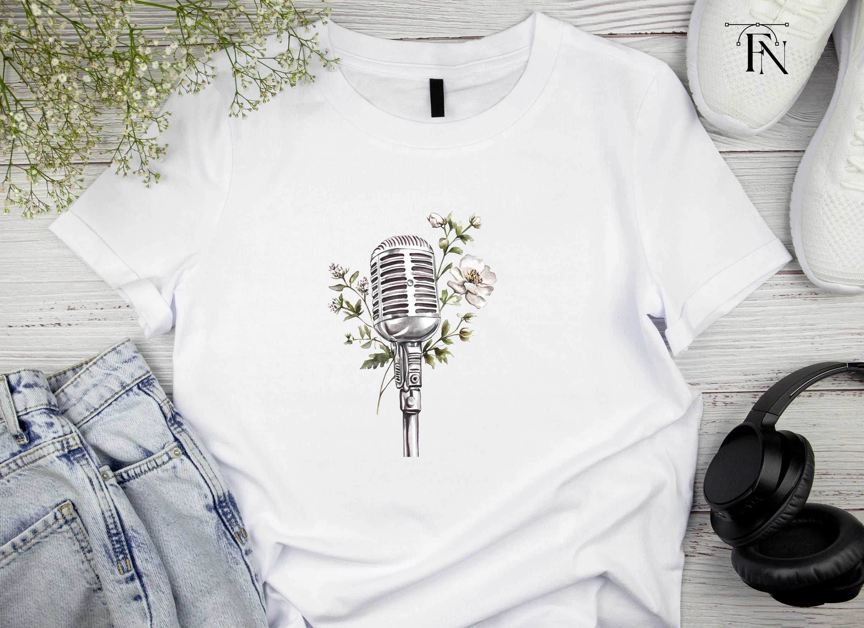 Retro Microphone with White Flowers Clipart Bundle