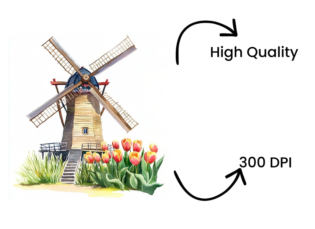 Rustic Windmill and Tulip Field Clipart Bundle