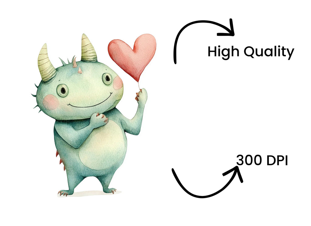 Cute Green Monster with Heart Clipart Bundle
