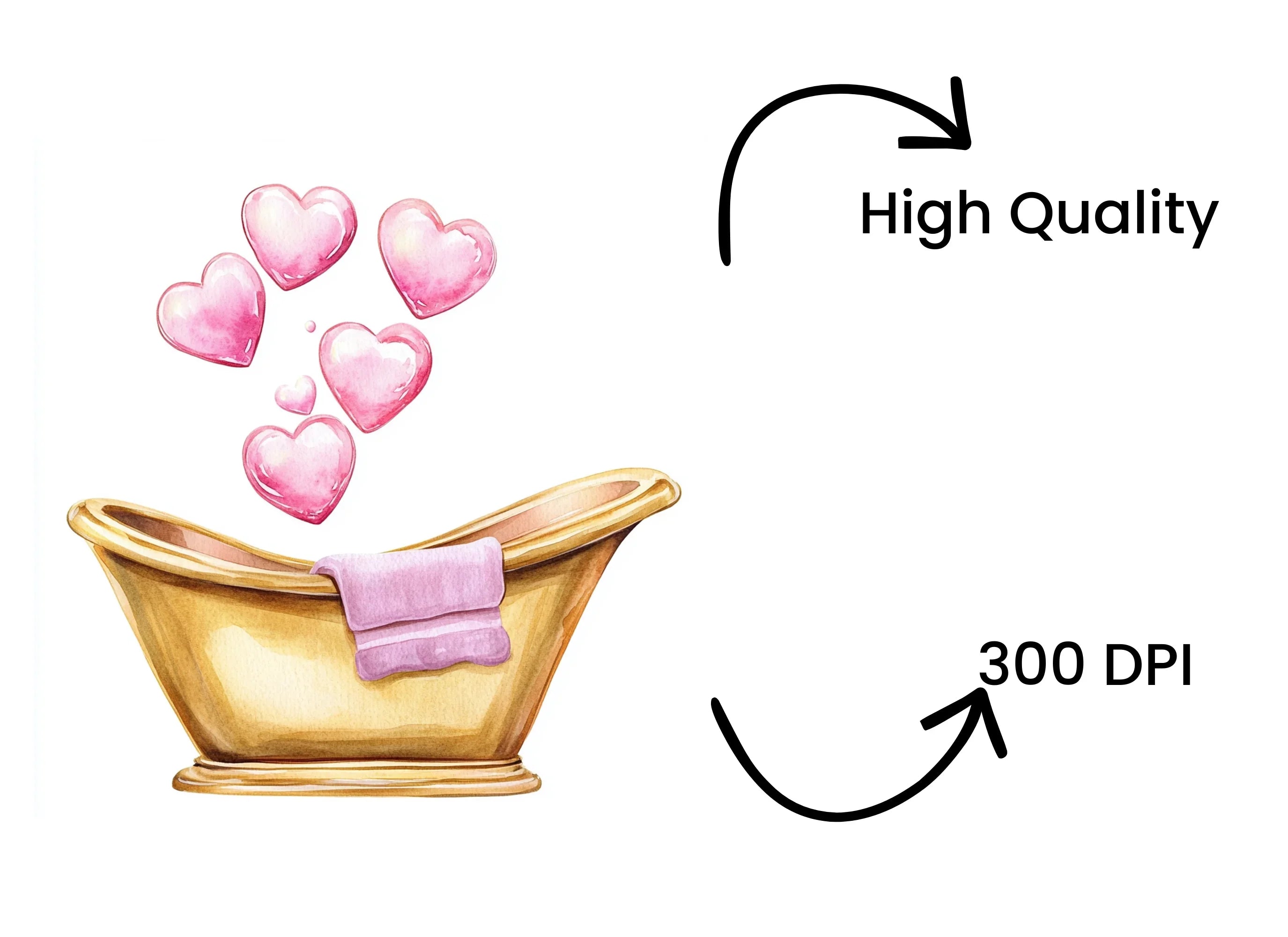 Golden Bathtubs with Pink Hearts Clipart Bundle