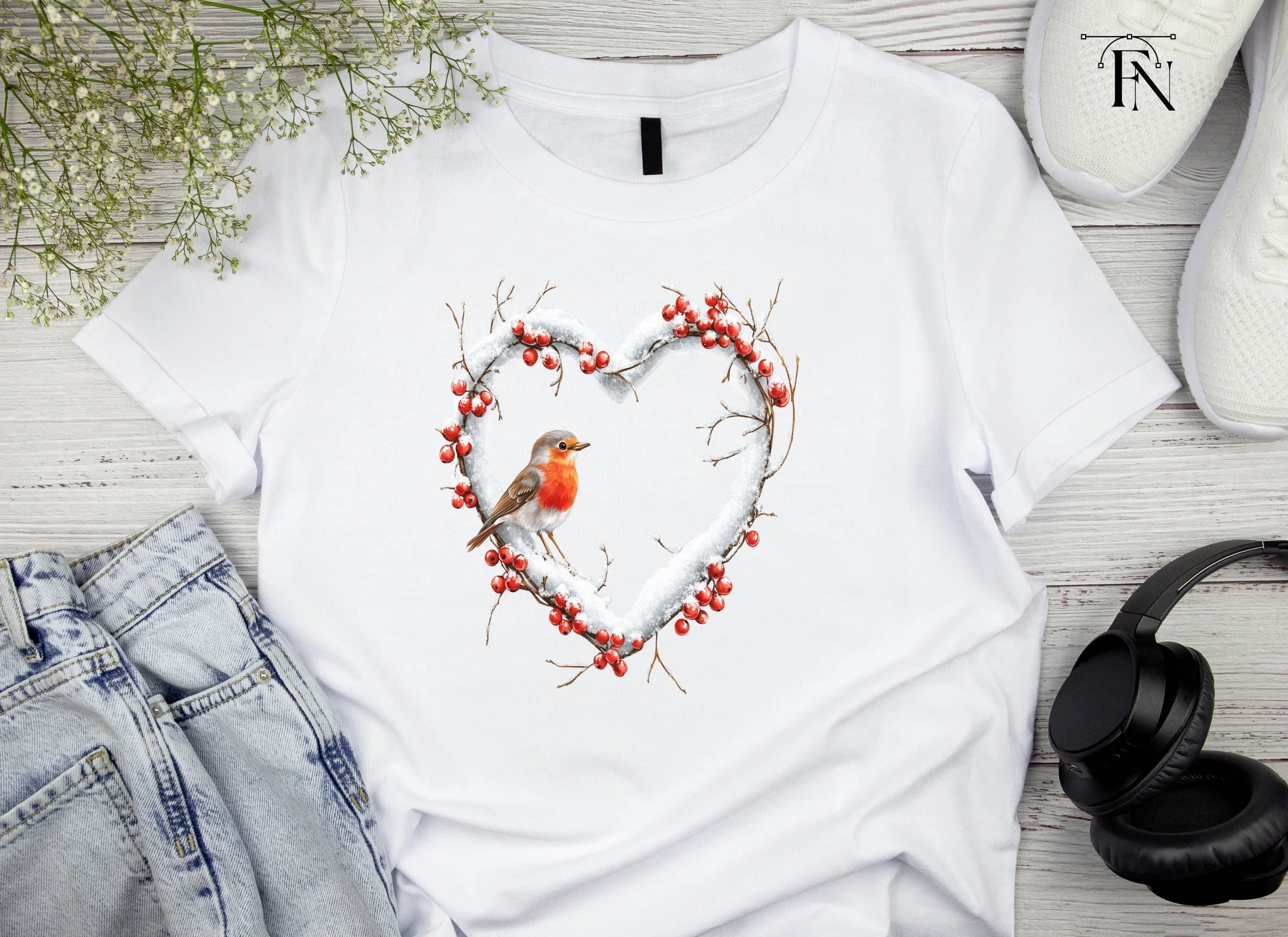 Winter Robin Heart Wreath Clipart Bundle