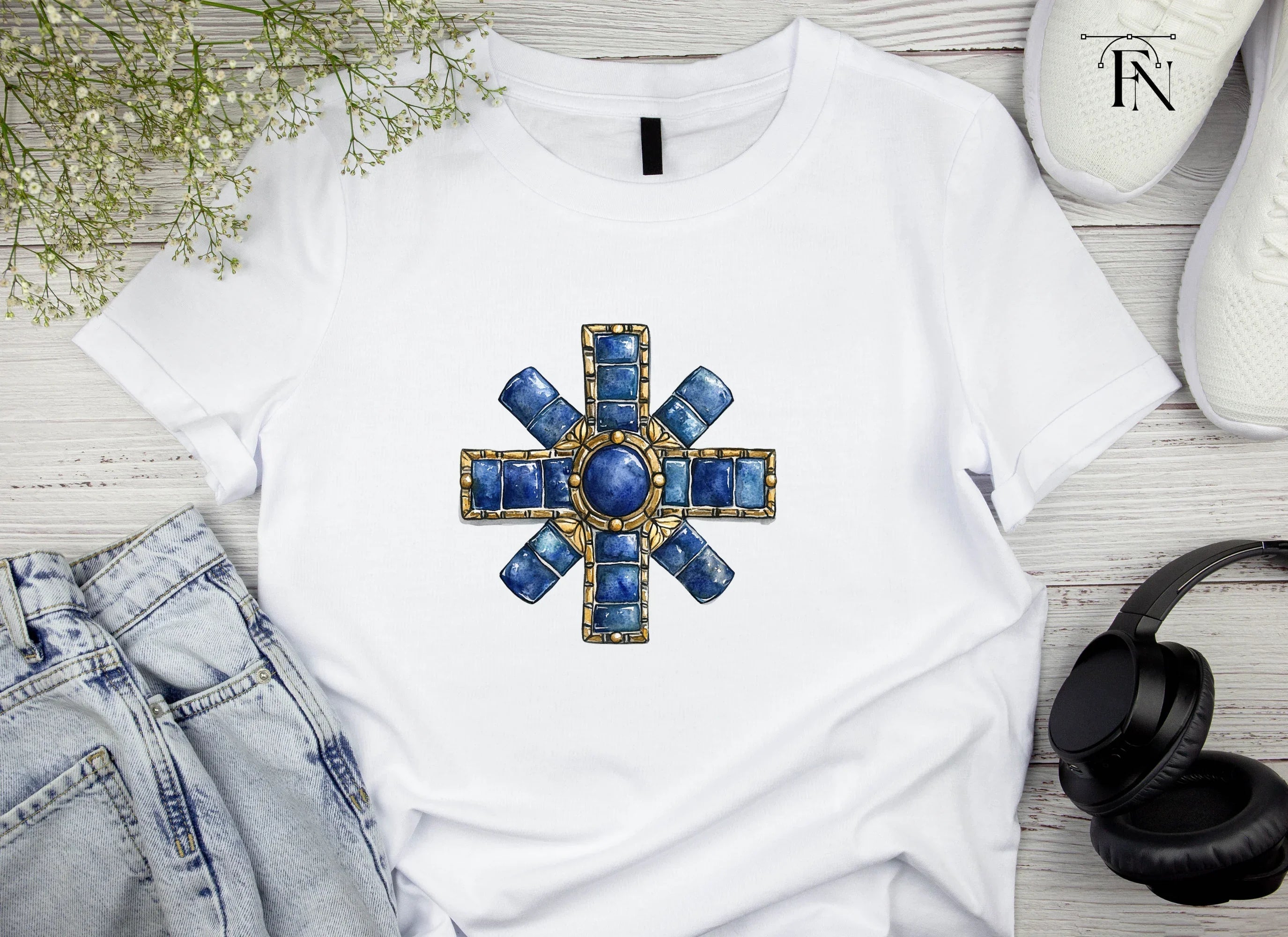 Byzantine Cross Blue Gemstones Clipart Bundle