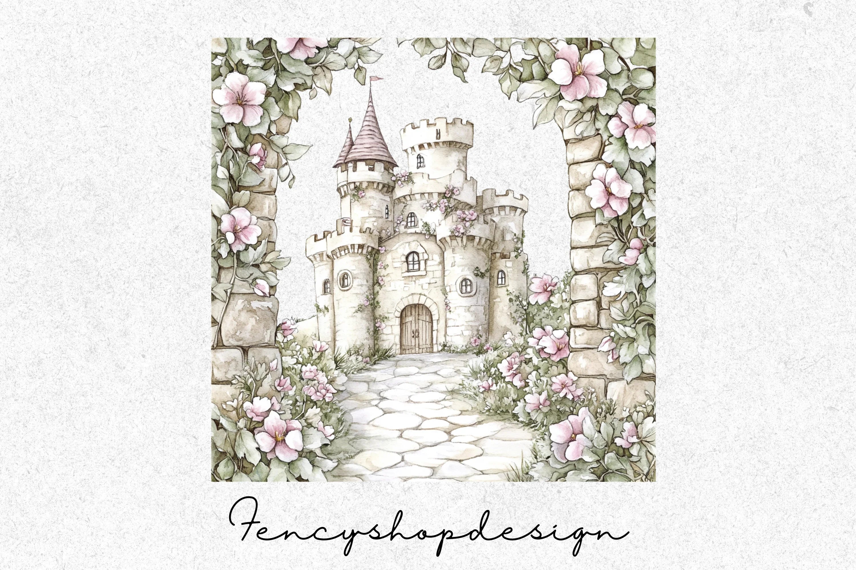 Fairytale Castle Pink Roses Clipart Bundle