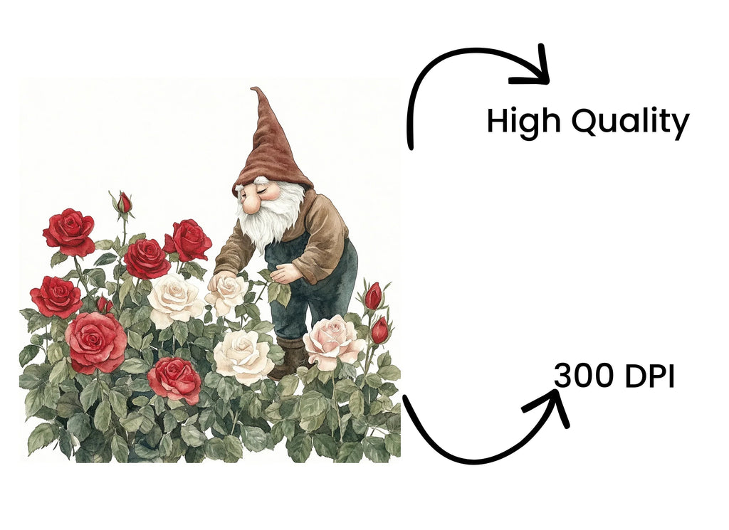 Garden Gnomes with Red and White Roses Clipart Bundle