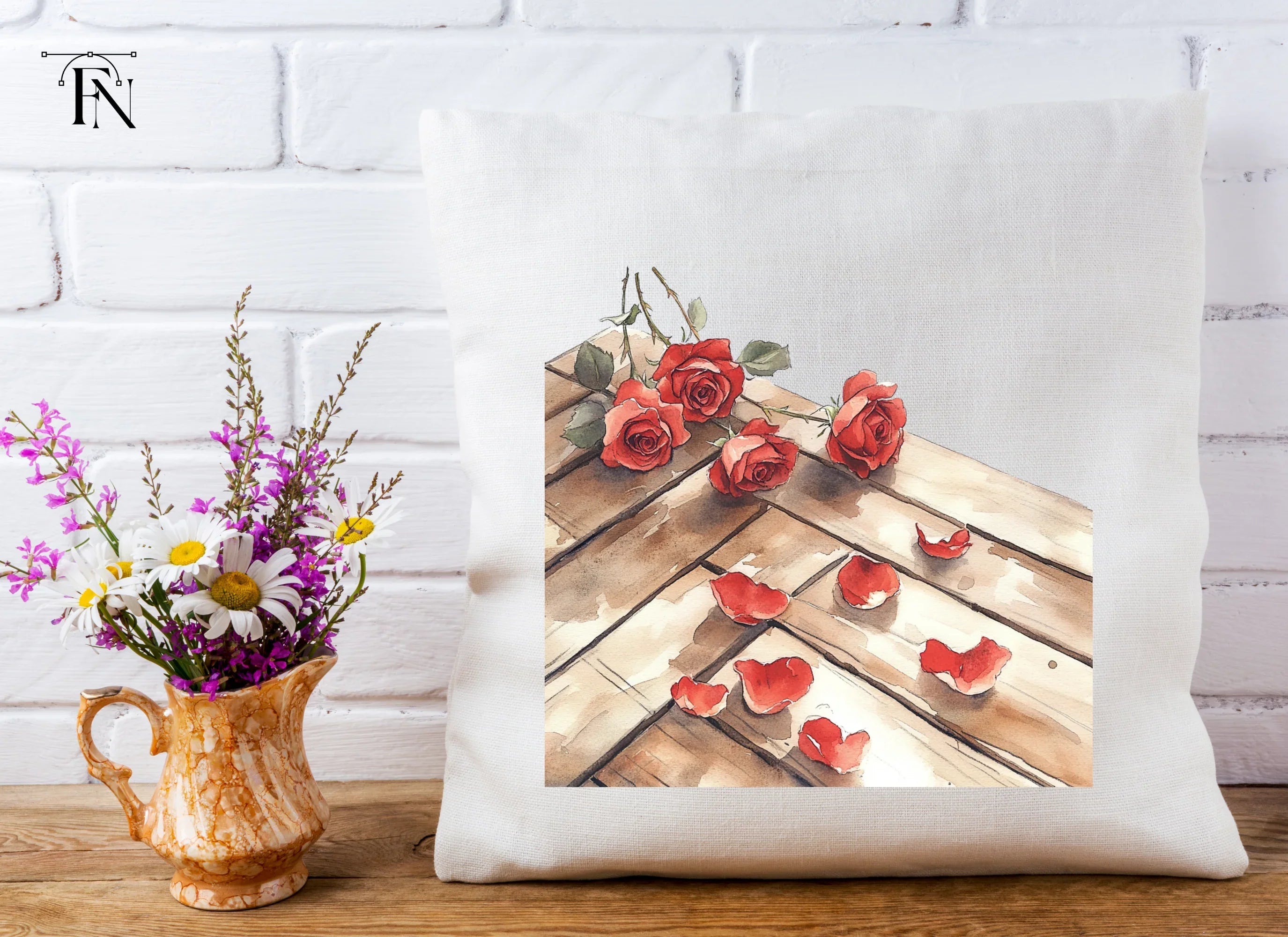 Red Roses and Petals on Wood Clipart Bundle