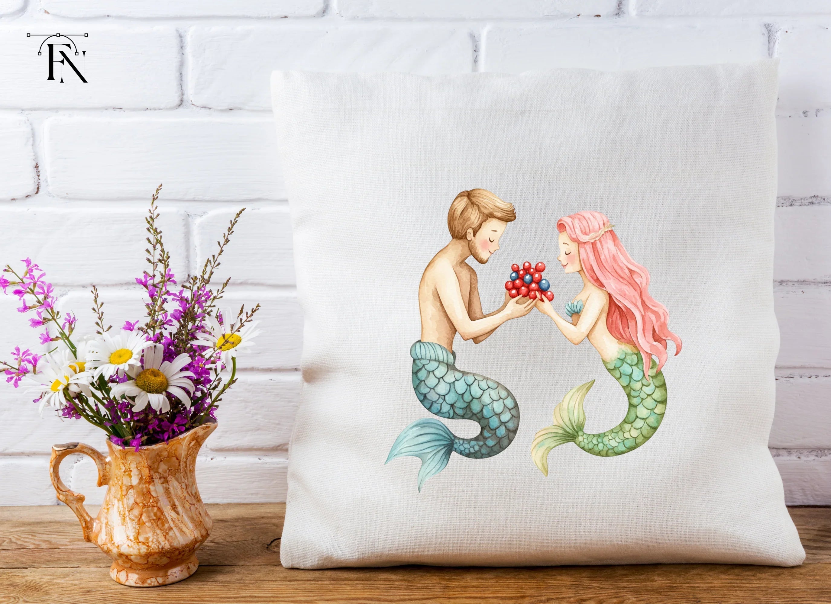 Sweet Mermaid Couple with Berries Clipart Bundle