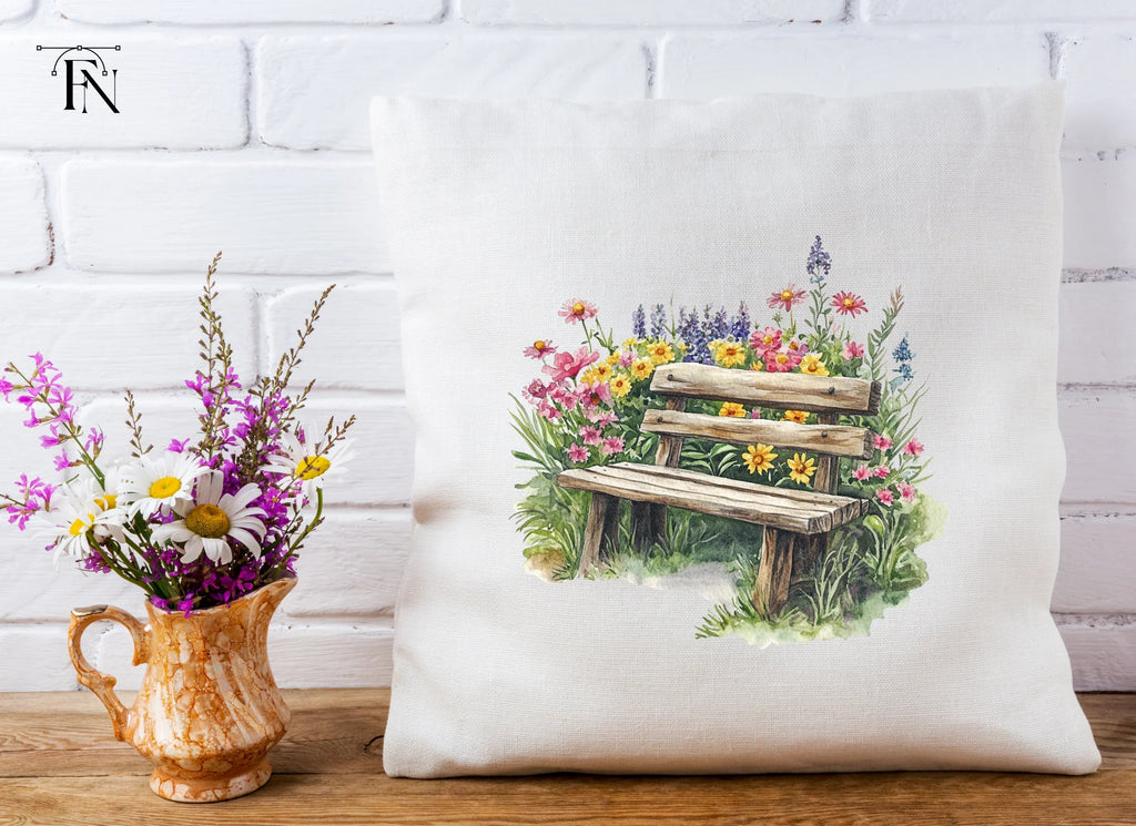 Rustic Bench in Blooming Garden Clipart Bundle