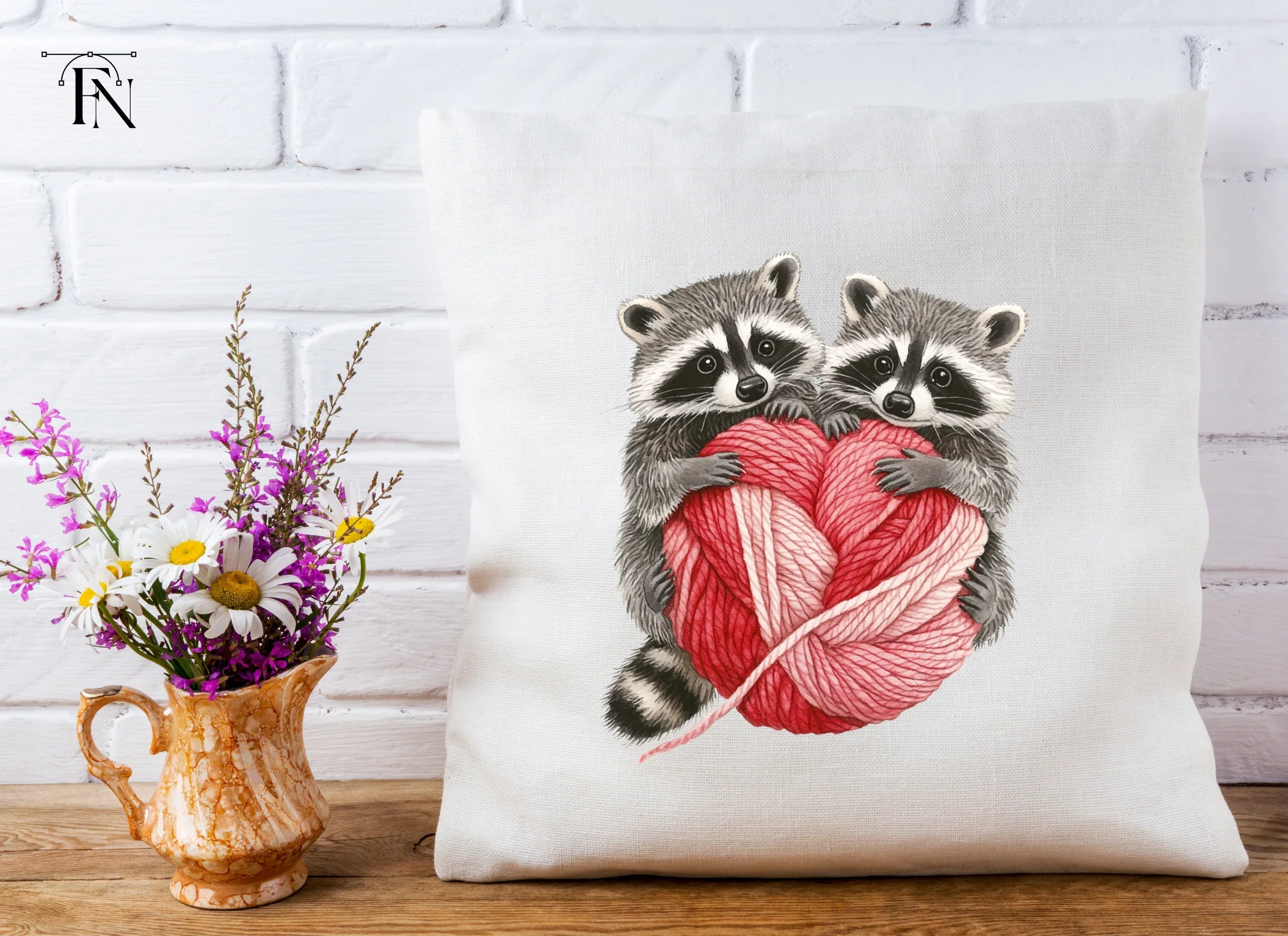 Cute Raccoons with Yarn Heart Clipart Bundle