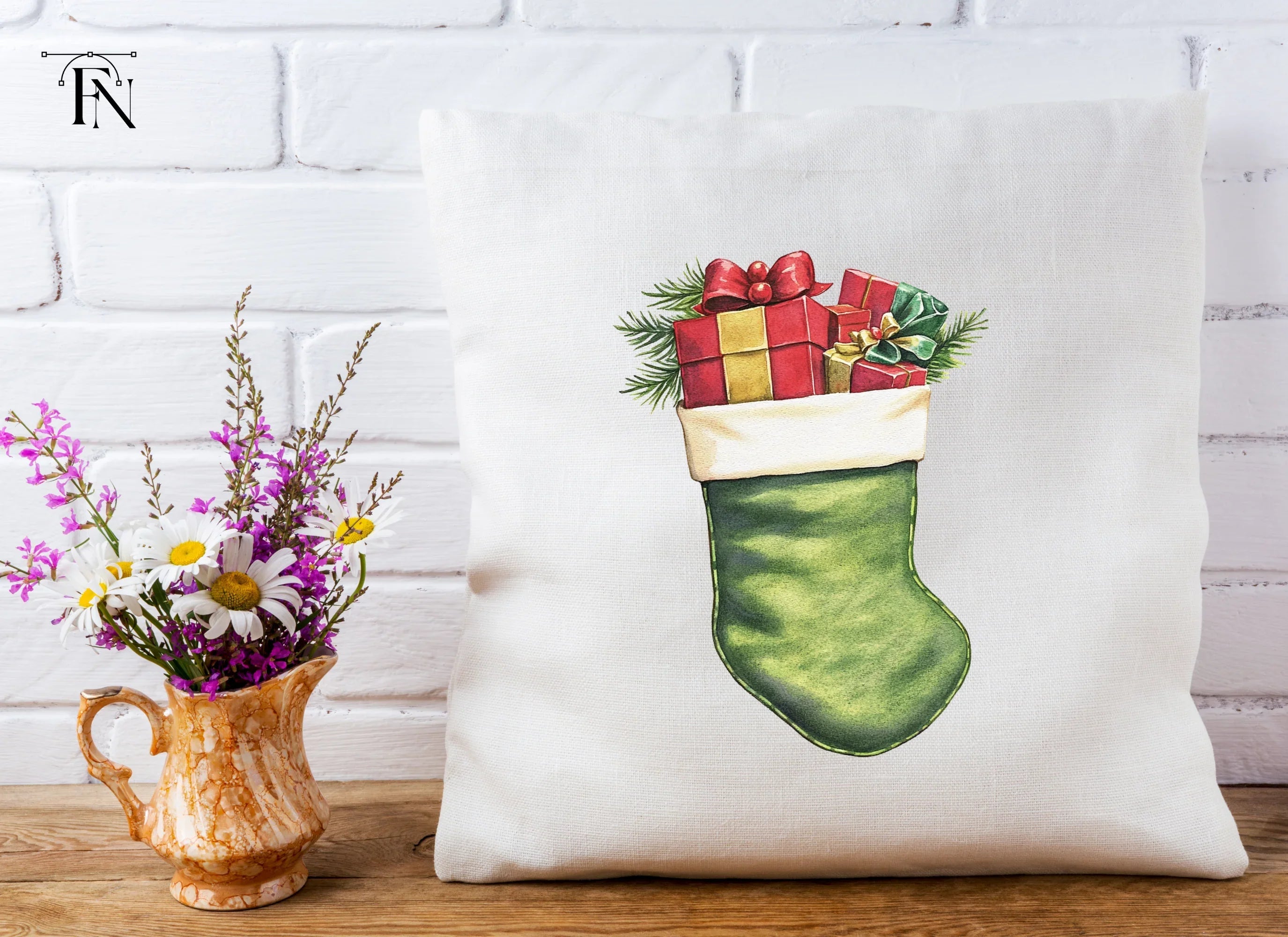 Green Christmas Stockings with Gifts Clipart Bundle