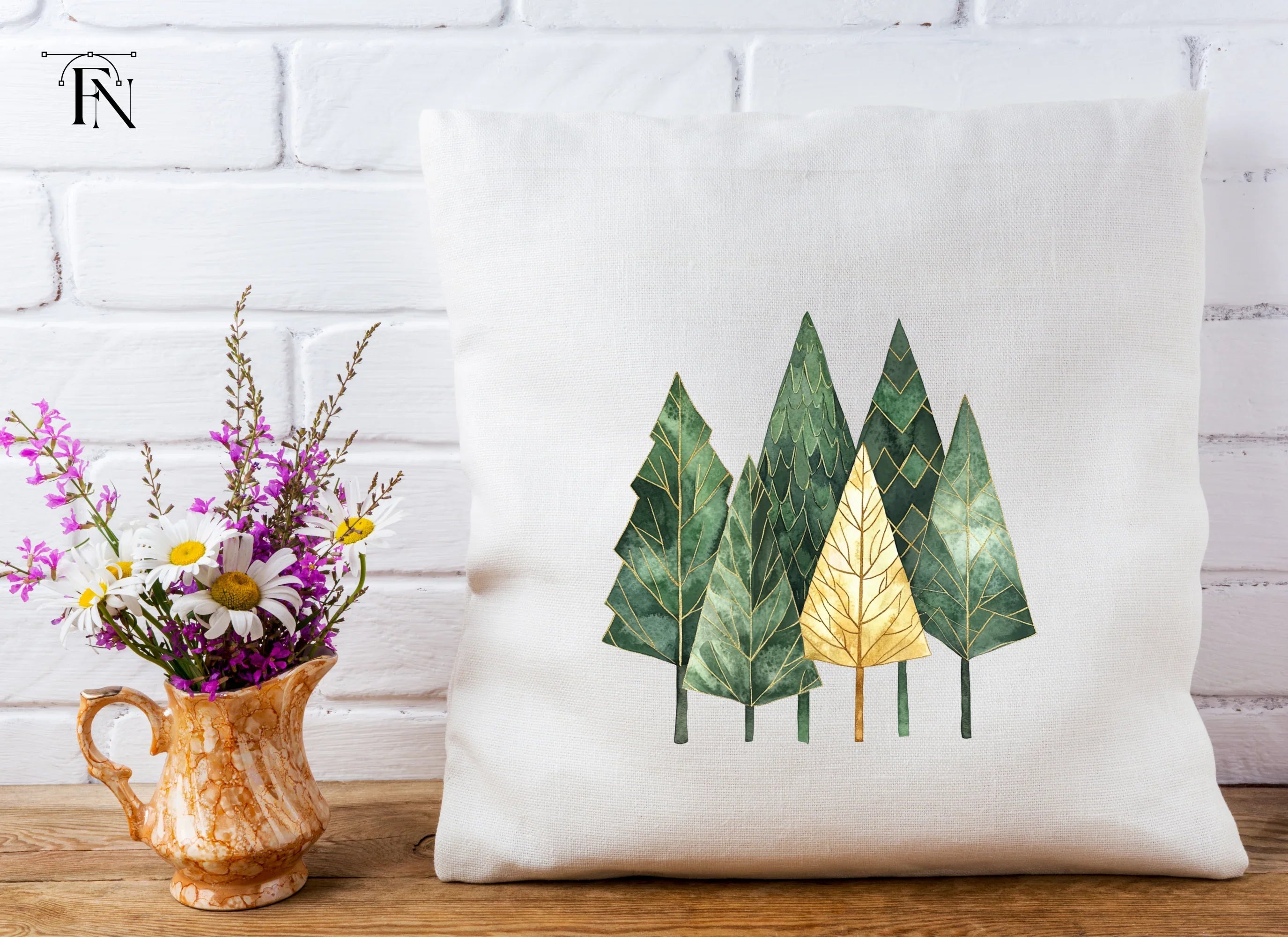 Geometric Gold and Green Forest Clipart Bundle