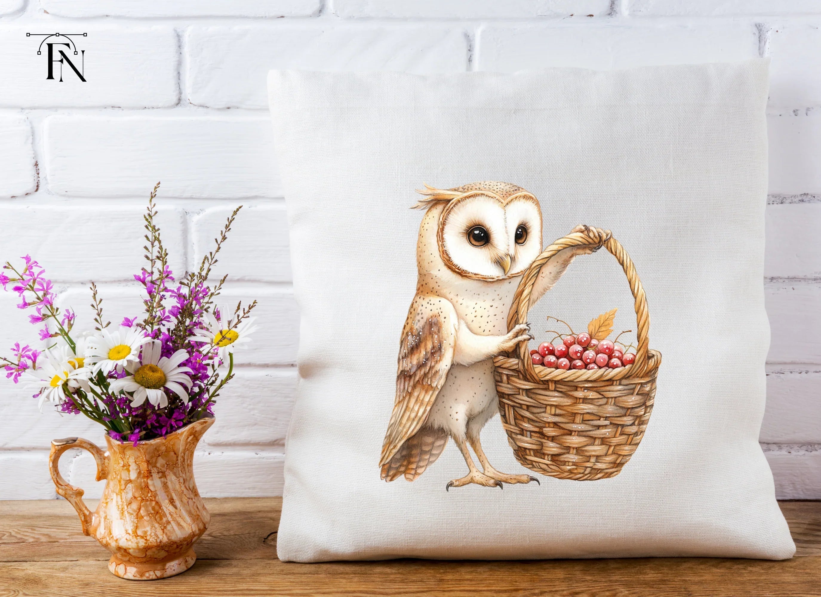 Cute Barn Owl with Berry Basket Clipart Bundle
