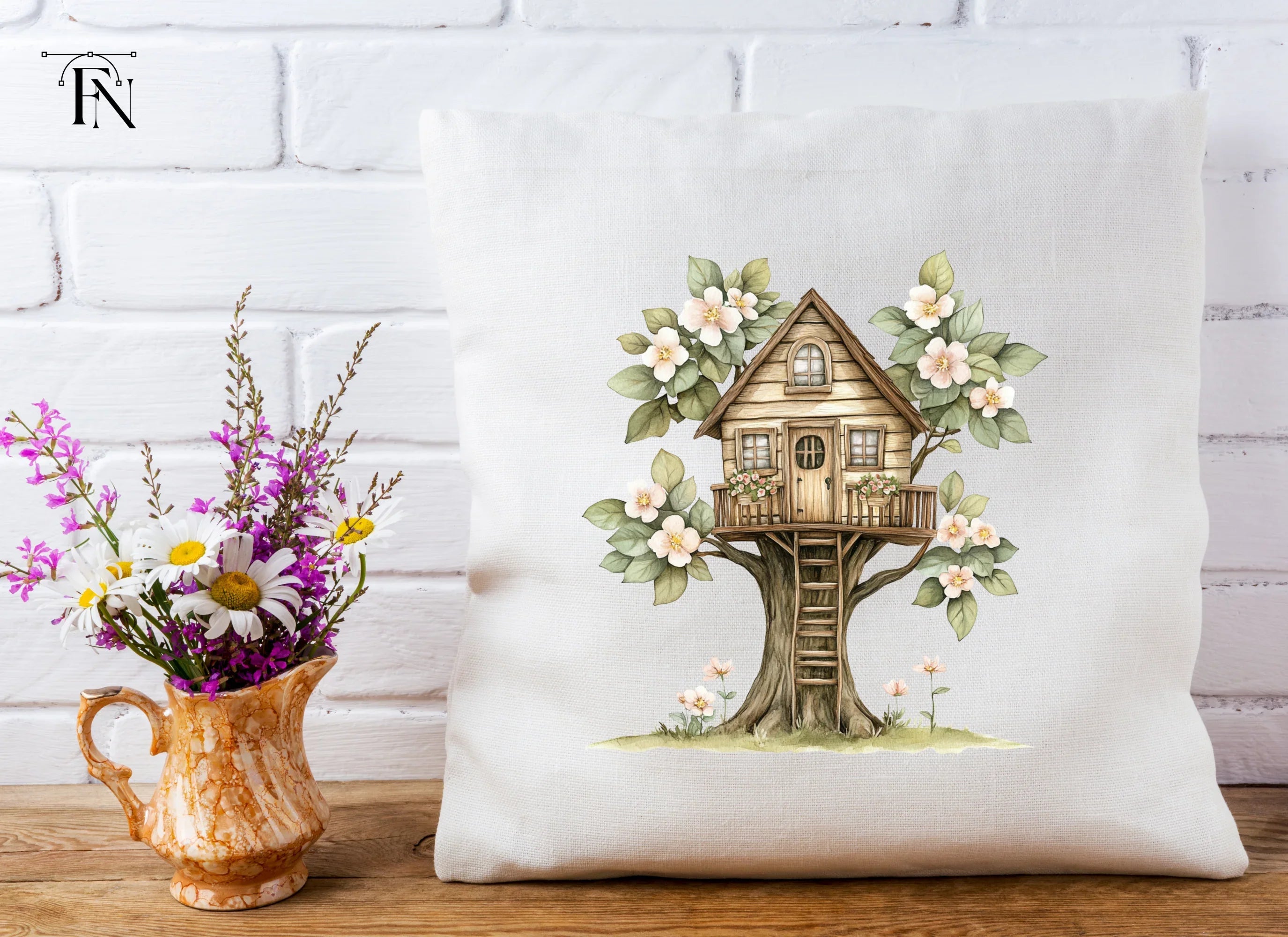 Cozy Treehouse with Pink Blossoms Clipart Bundle