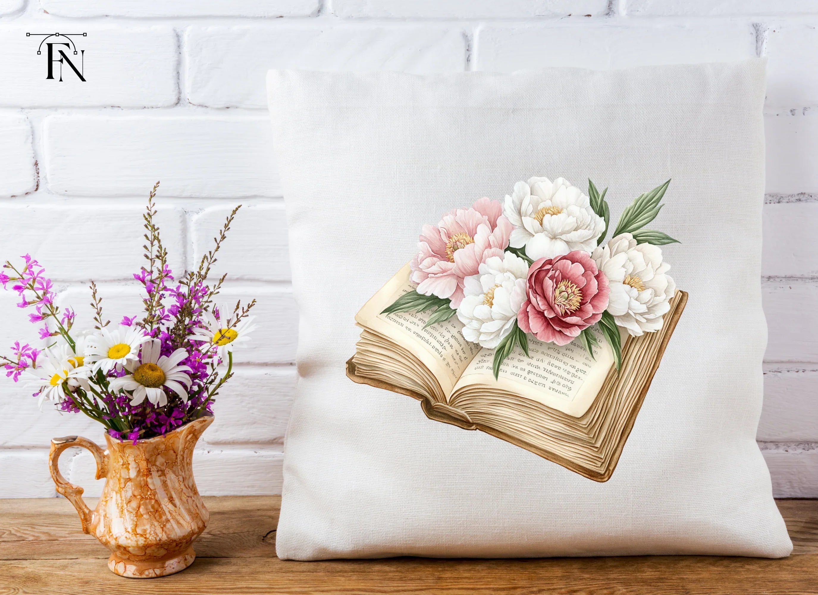 Vintage Books and Peony Flowers Clipart Bundle
