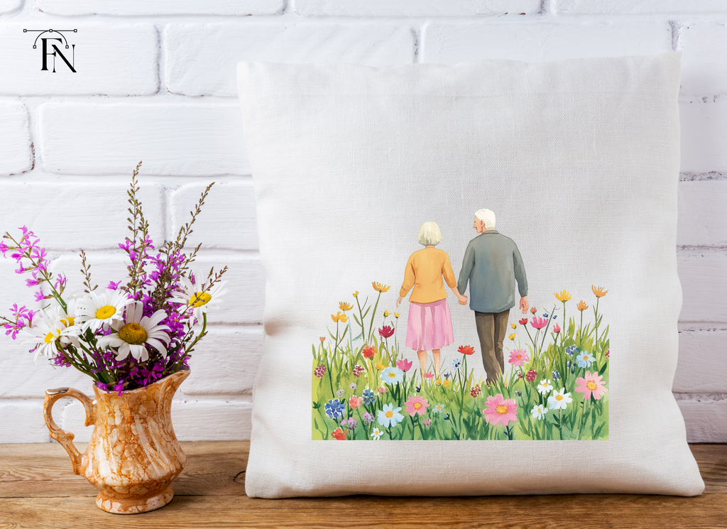 Elderly Couple Walking in Flower Field Clipart Bundle