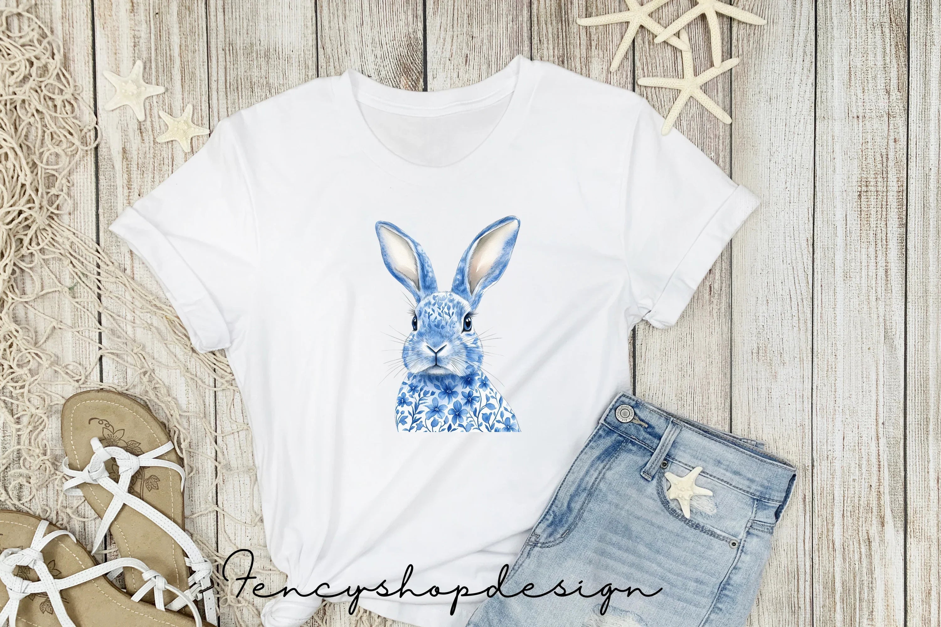 Chinoiserie Blue White Bunny Clipart Bundle