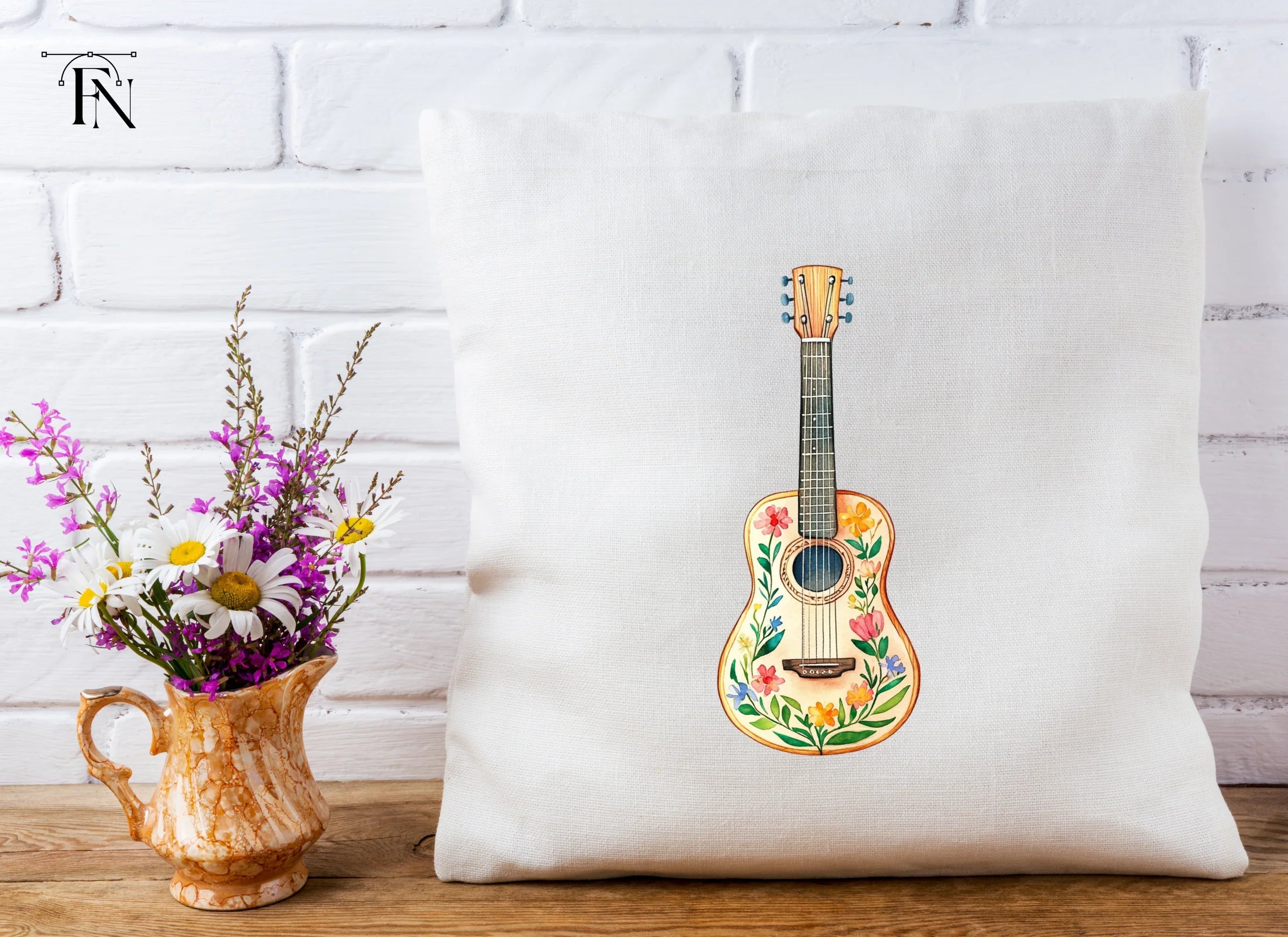 Floral Acoustic Guitar Clipart Bundle