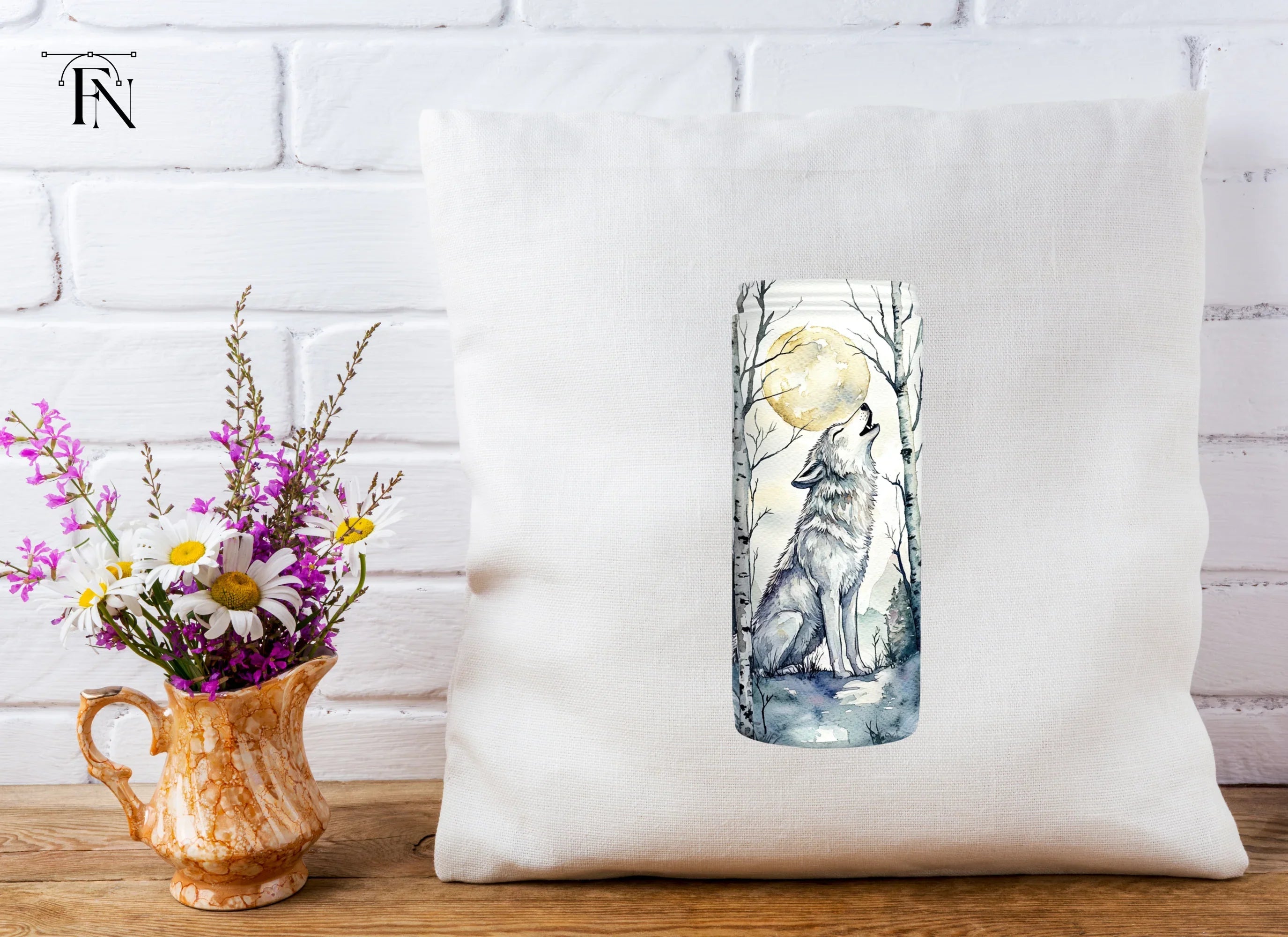 White Wolf Howling in Birch Forest Clipart Bundle