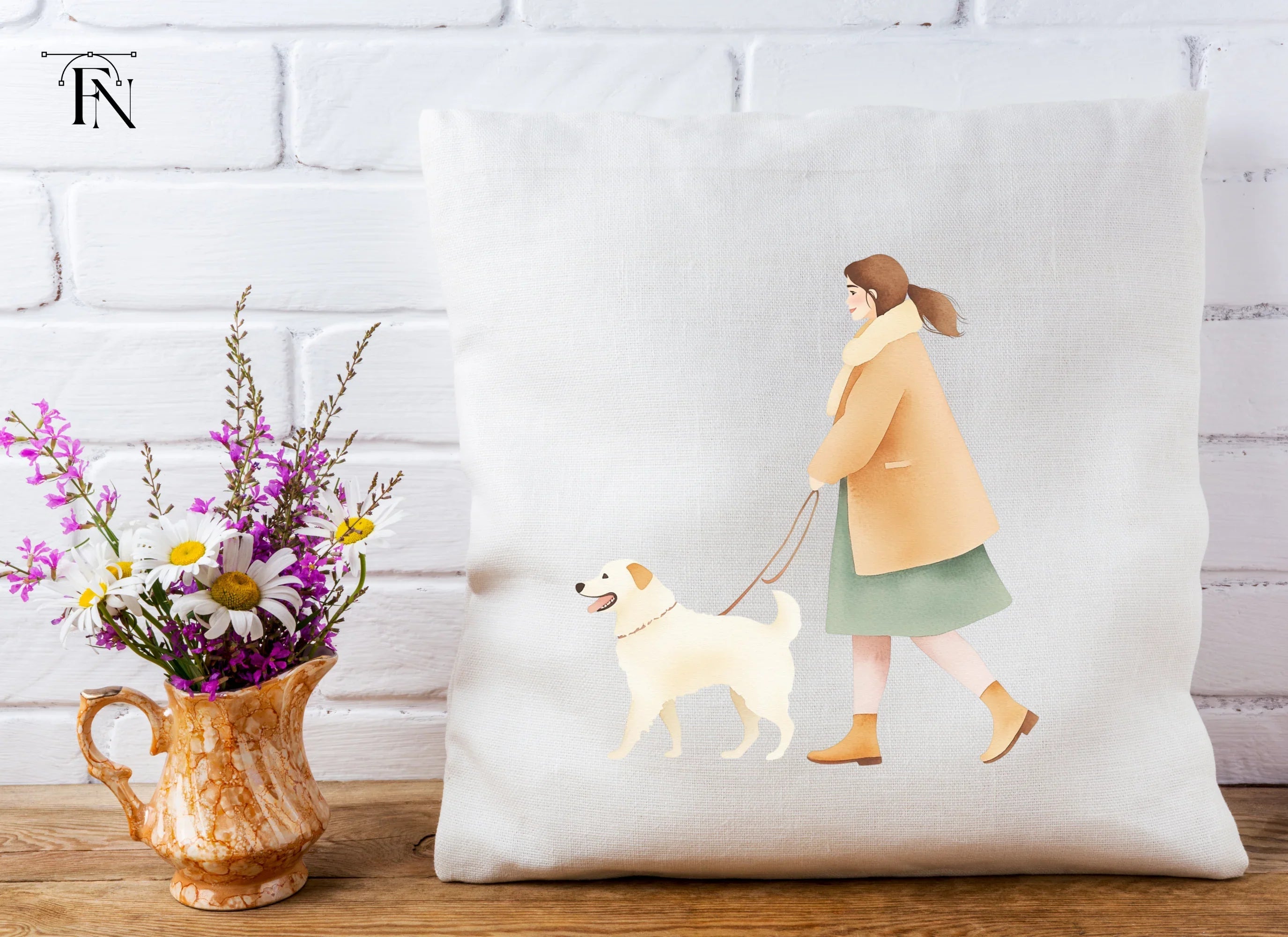 Woman Walking Dog Illustration Clipart Bundle