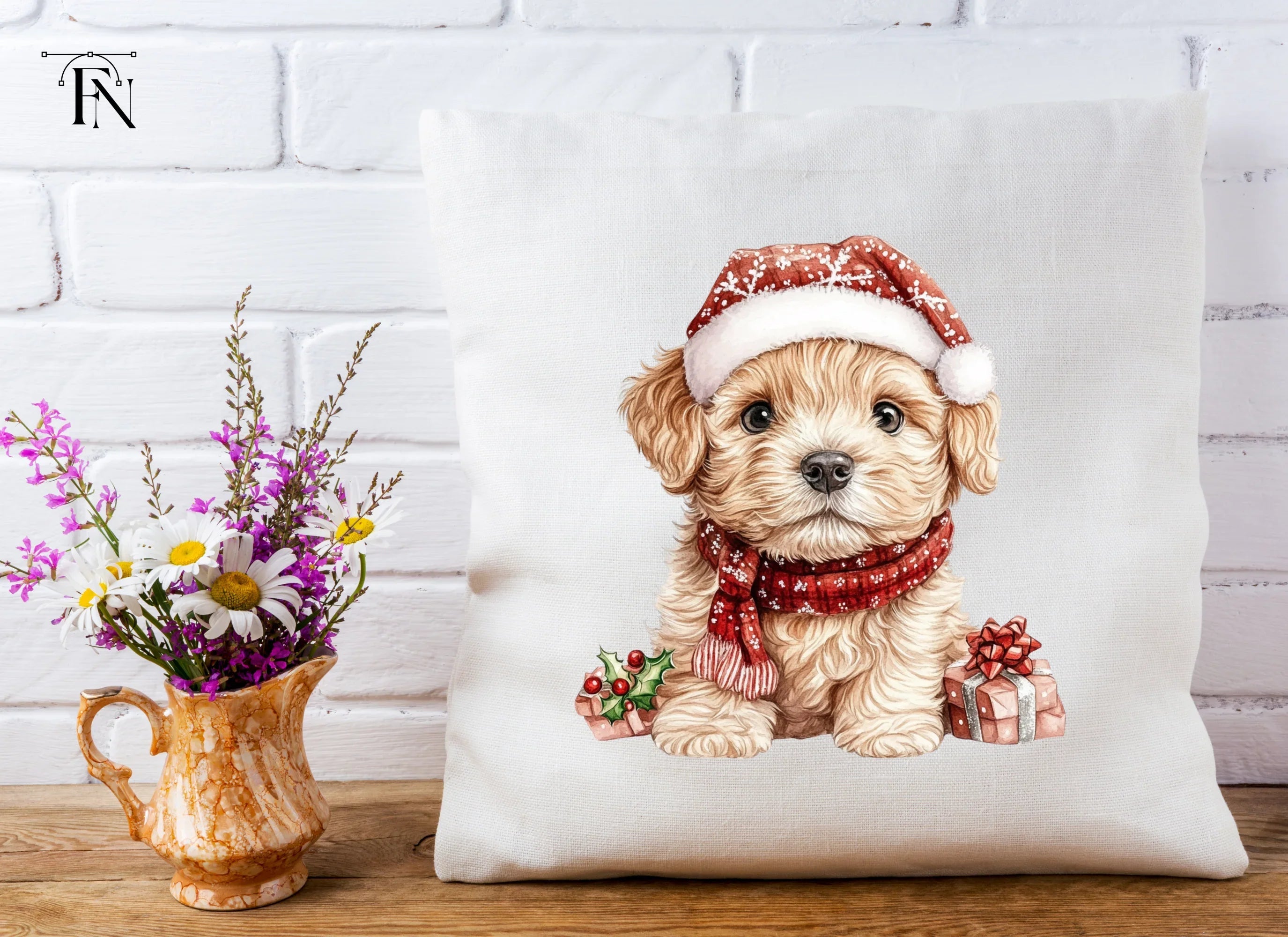 Cute Puppy in Santa Hat Clipart Bundle
