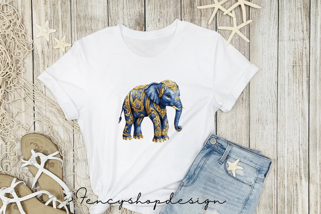 Majestic Blue Gold Elephant Clipart Bundle