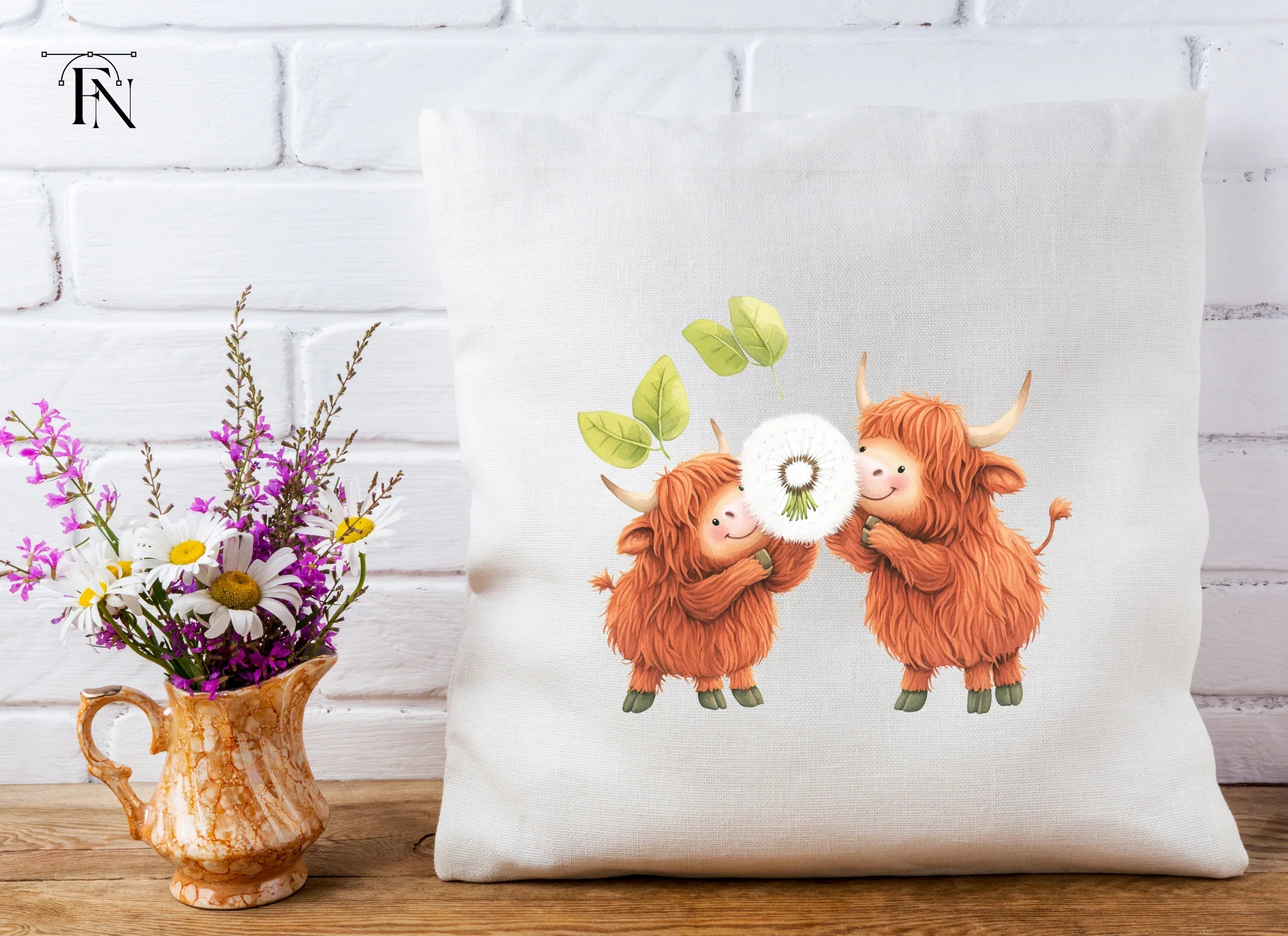 Cute Highland Cows with Dandelion Clipart Bundle
