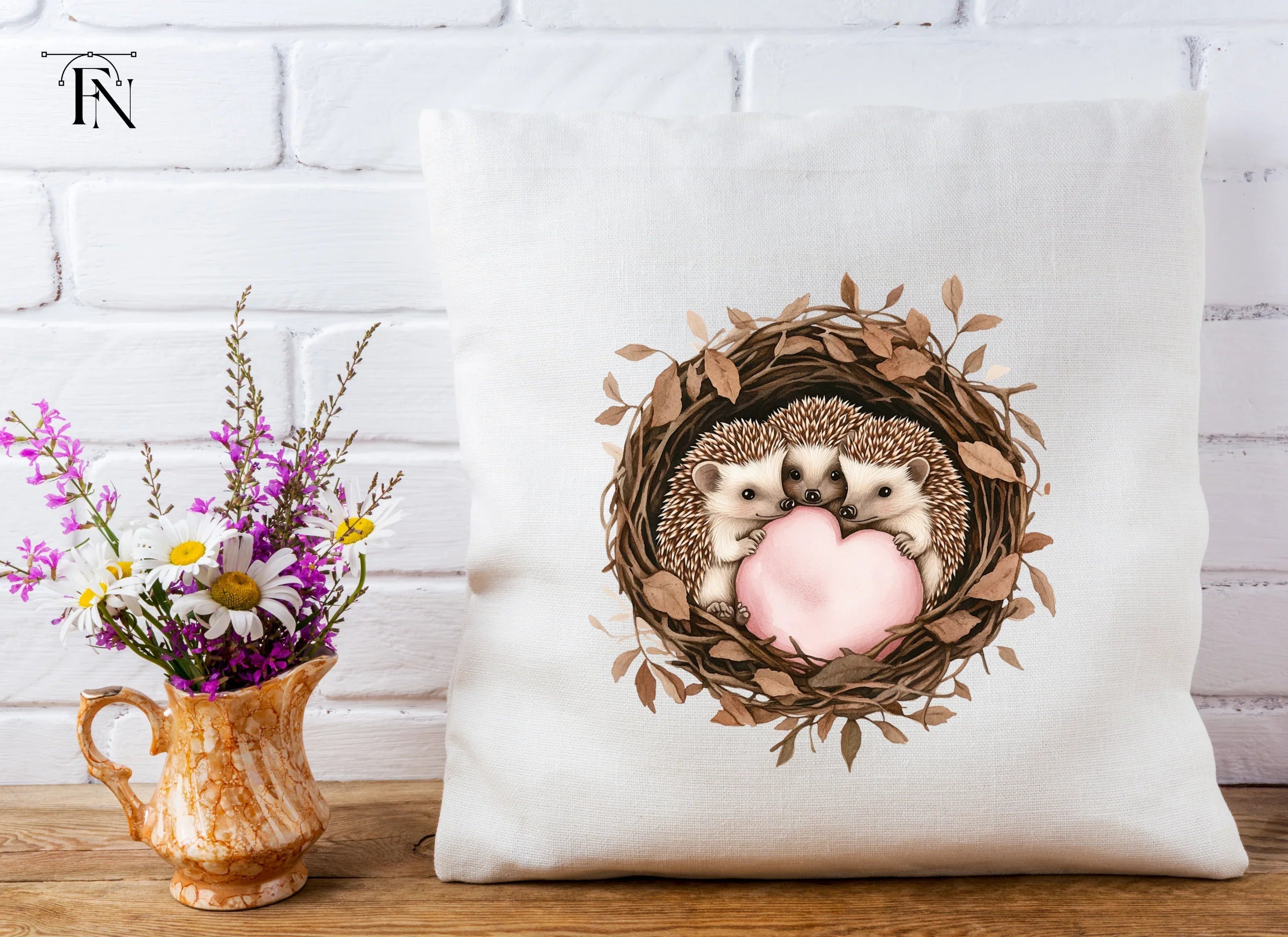 Cute Hedgehogs in Nests with Hearts Clipart Bundle