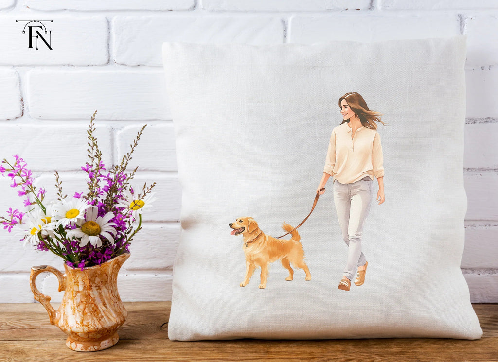 Happy Woman Walking Golden Retriever Clipart Bundle