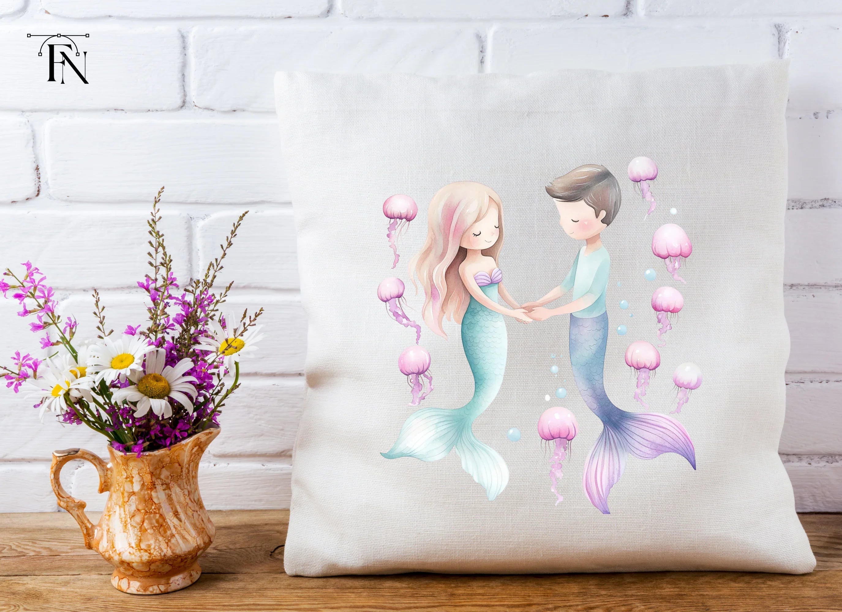 Adorable Mermaid Couple with Jellyfish Clipart Bundle