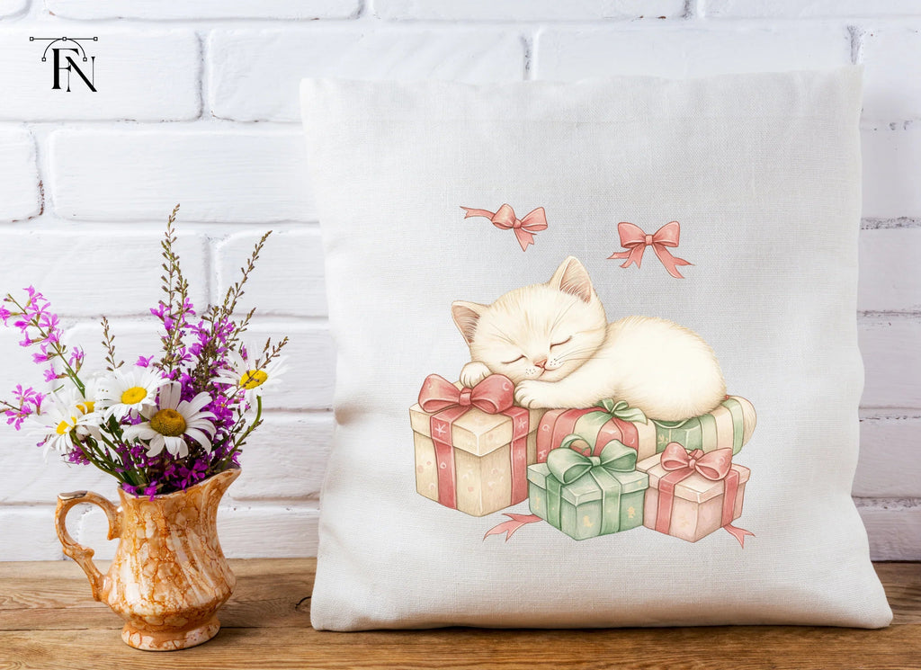 White Kitten Sleeping on Pink Gifts Clipart Bundle