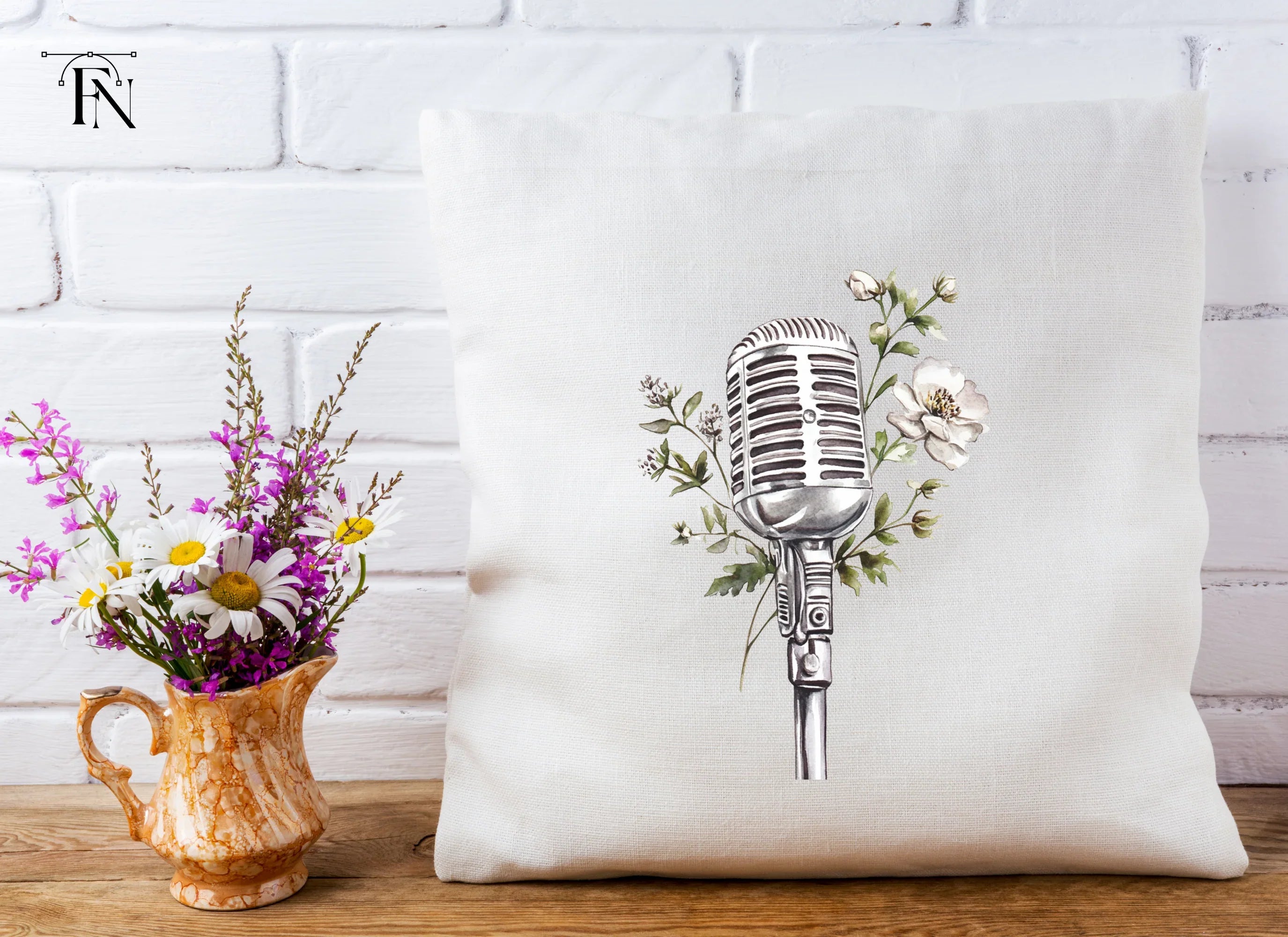 Retro Microphone with White Flowers Clipart Bundle