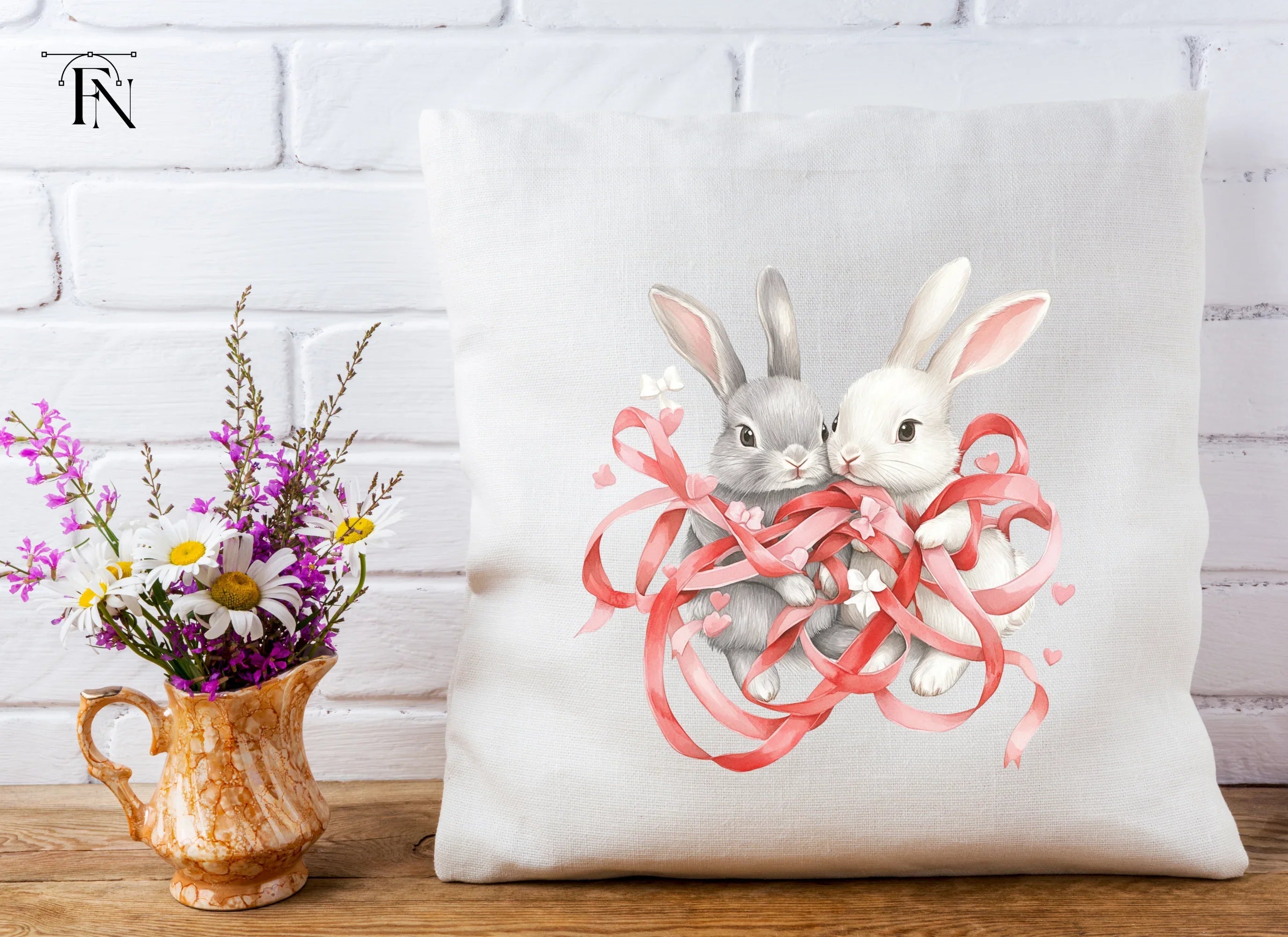 Cute Bunny Couple with Red Ribbons Clipart Bundle